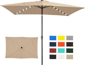 JEAREY 6.5x10 ft Rectangular LED Lighted Patio Umbrellas Outdoor Solar Table Market Umbrella w/Push Button Tilt/Crank, 6 Sturdy Ribs, UV Protection Waterproof Sunproof(Beige)