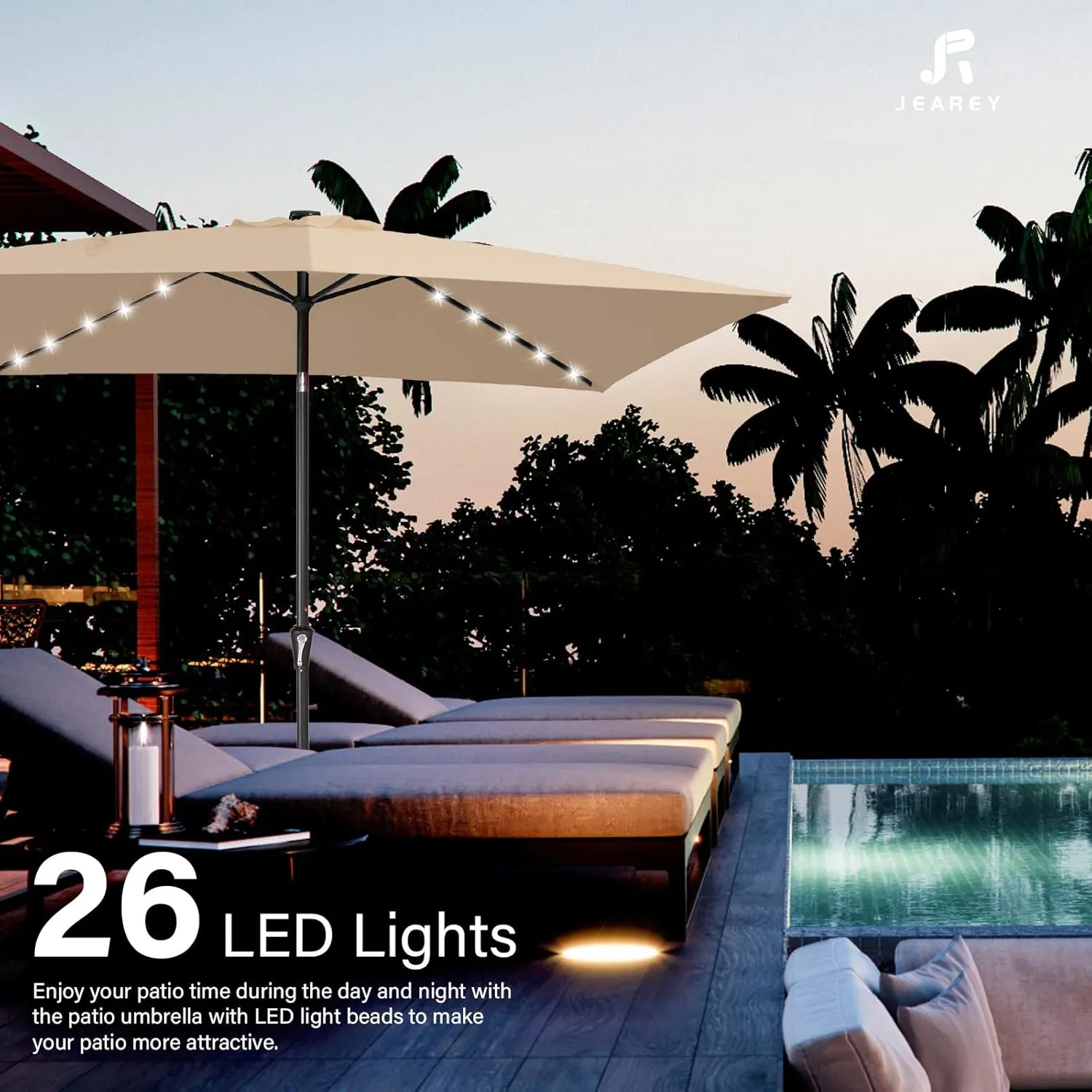 JEAREY 6.5x10 ft Rectangular LED Lighted Patio Umbrellas Outdoor Solar Table Market Umbrella w/Push Button Tilt/Crank, 6 Sturdy Ribs, UV Protection Waterproof Sunproof(Beige)