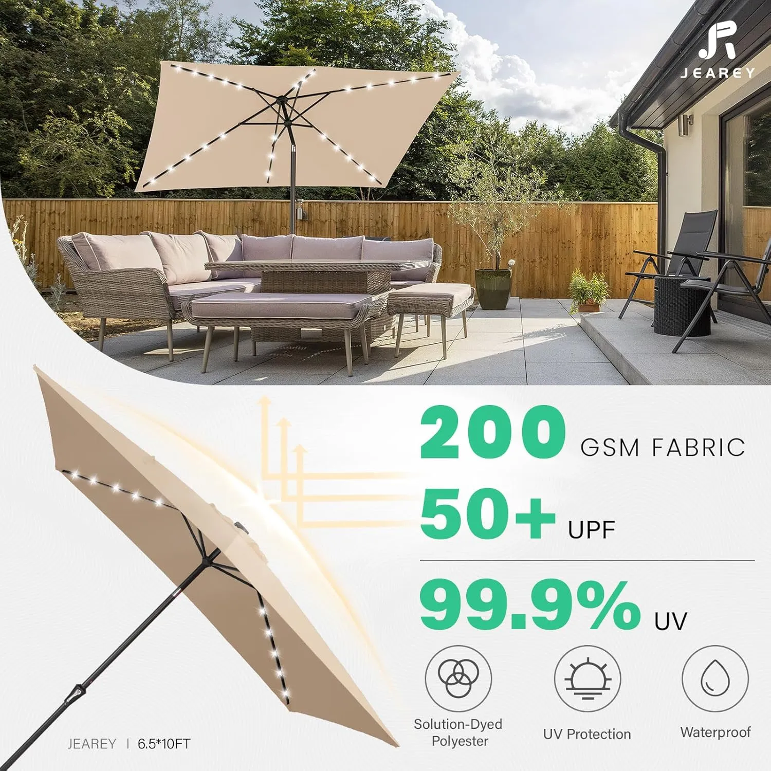 JEAREY 6.5x10 ft Rectangular LED Lighted Patio Umbrellas Outdoor Solar Table Market Umbrella w/Push Button Tilt/Crank, 6 Sturdy Ribs, UV Protection Waterproof Sunproof(Beige)