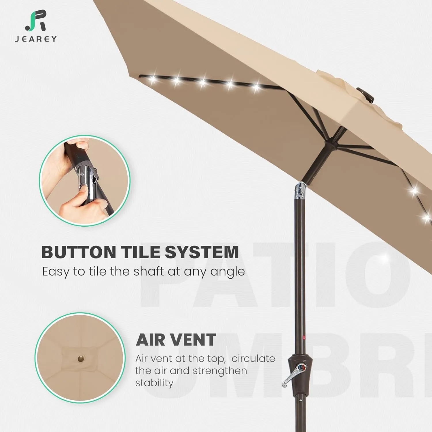 JEAREY 6.5x10 ft Rectangular LED Lighted Patio Umbrellas Outdoor Solar Table Market Umbrella w/Push Button Tilt/Crank, 6 Sturdy Ribs, UV Protection Waterproof Sunproof(Beige)