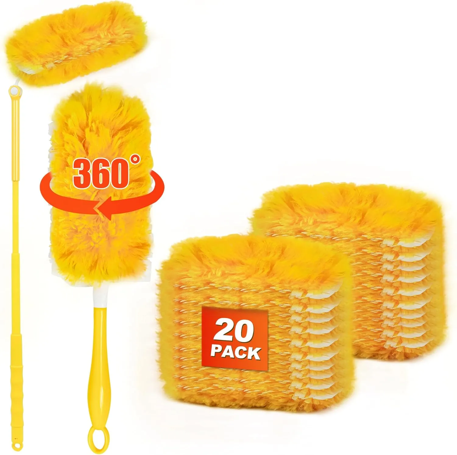 JEHONN Duster Refills for Swiffer 20 Counts, 360 Degree Heavy Duty Dusting Kit with 1 Extendable Handle   1 Short Handle, Multi-Surface Dust Cleaning Tool for Blinds Bookshelf Furniture Electronics