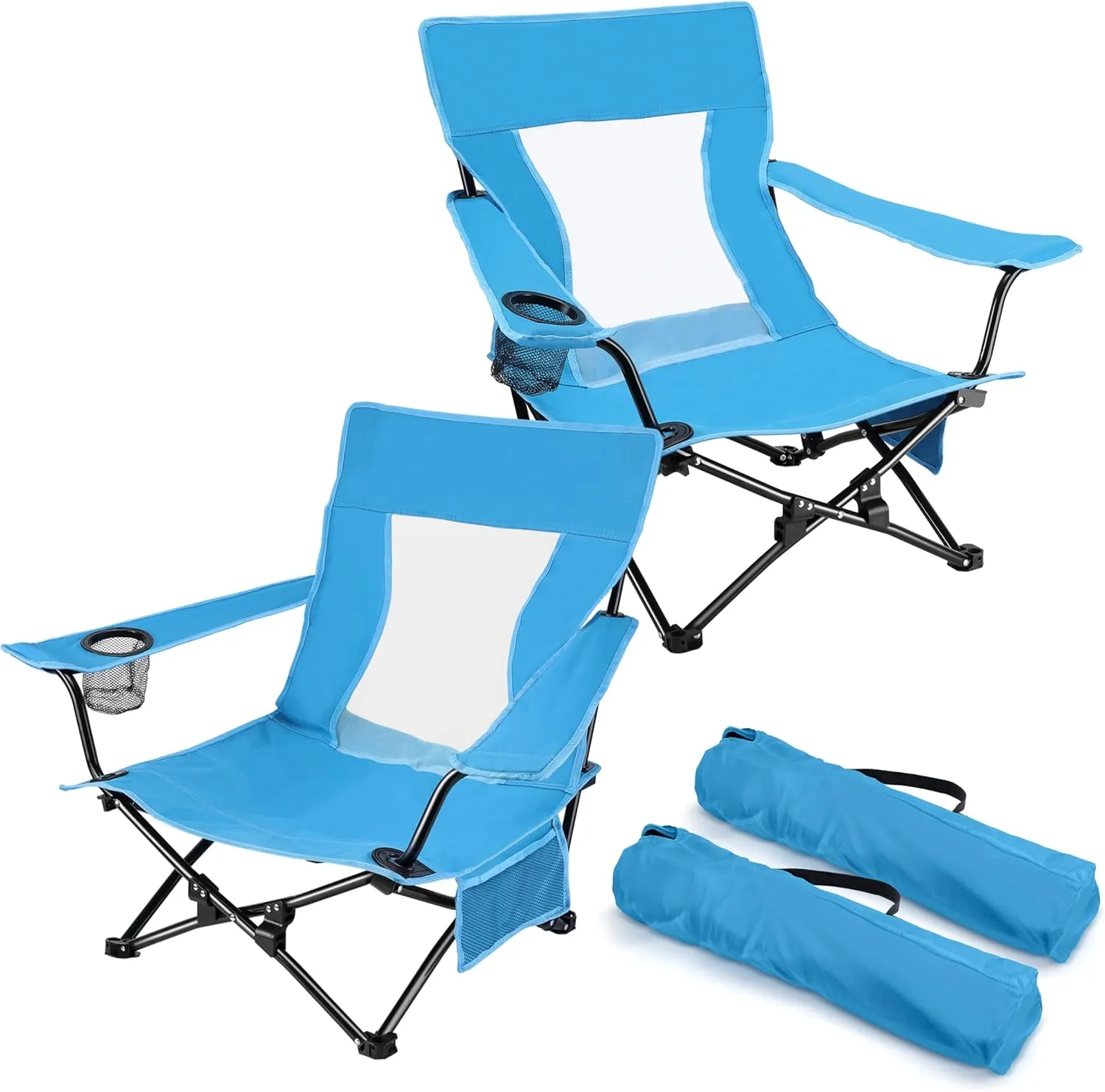 Joyfair Beach Camping Chair (2 Pack), Outdoor Folding Chair for Adults, Heavy Duty Portable Chair for Outside Fishing, Lawn, Sport, Patio, Armrest Cup Holder & Storage Pocket, Carry Bag (Blue)