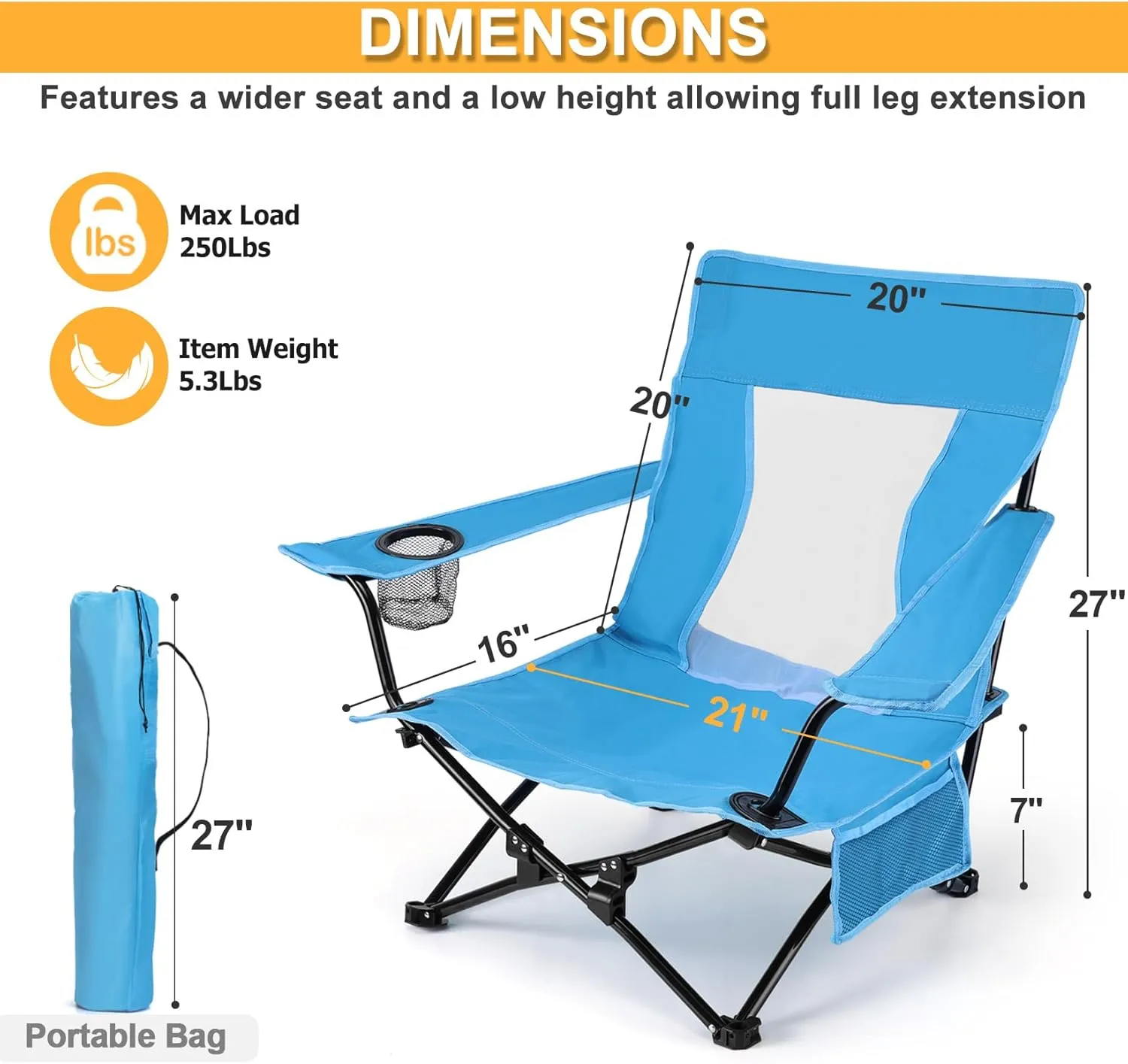 Joyfair Beach Camping Chair (2 Pack), Outdoor Folding Chair for Adults, Heavy Duty Portable Chair for Outside Fishing, Lawn, Sport, Patio, Armrest Cup Holder & Storage Pocket, Carry Bag (Blue)