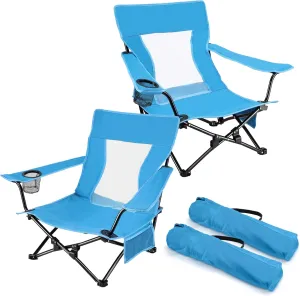 Joyfair Beach Camping Chair (2 Pack), Outdoor Folding Chair for Adults, Heavy Duty Portable Chair for Outside Fishing, Lawn, Sport, Patio, Armrest Cup Holder & Storage Pocket, Carry Bag (Blue)