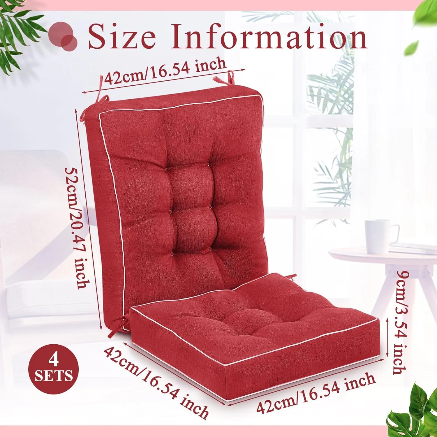 Juexica 4 Sets Outdoor Patio Cushions High Back Outdoor Chair Cushions Rocking Chair Cushion Waterproof Indoor Patio Fastness Chair Pads with Ties for Seasonal Indoor Home Office (Red)