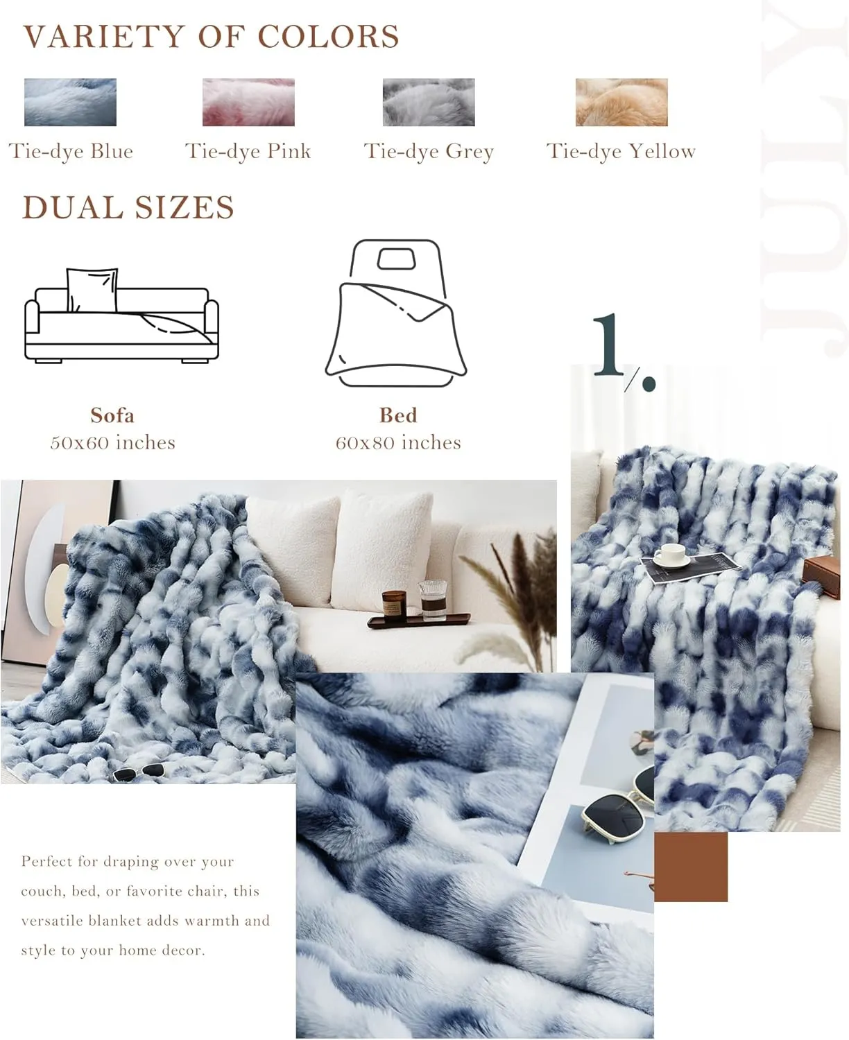 JULY Luxury Soft Faux Fur Throw Blanket for Couch, Cozy Bubble Fleece blanket for Bed, Reversible Plush Warm Fleece Fluffy Blanket for Sofa, Mother's Day Cozy Gifts, 50" x 60", Tie-dye Blue, TD-BE5060