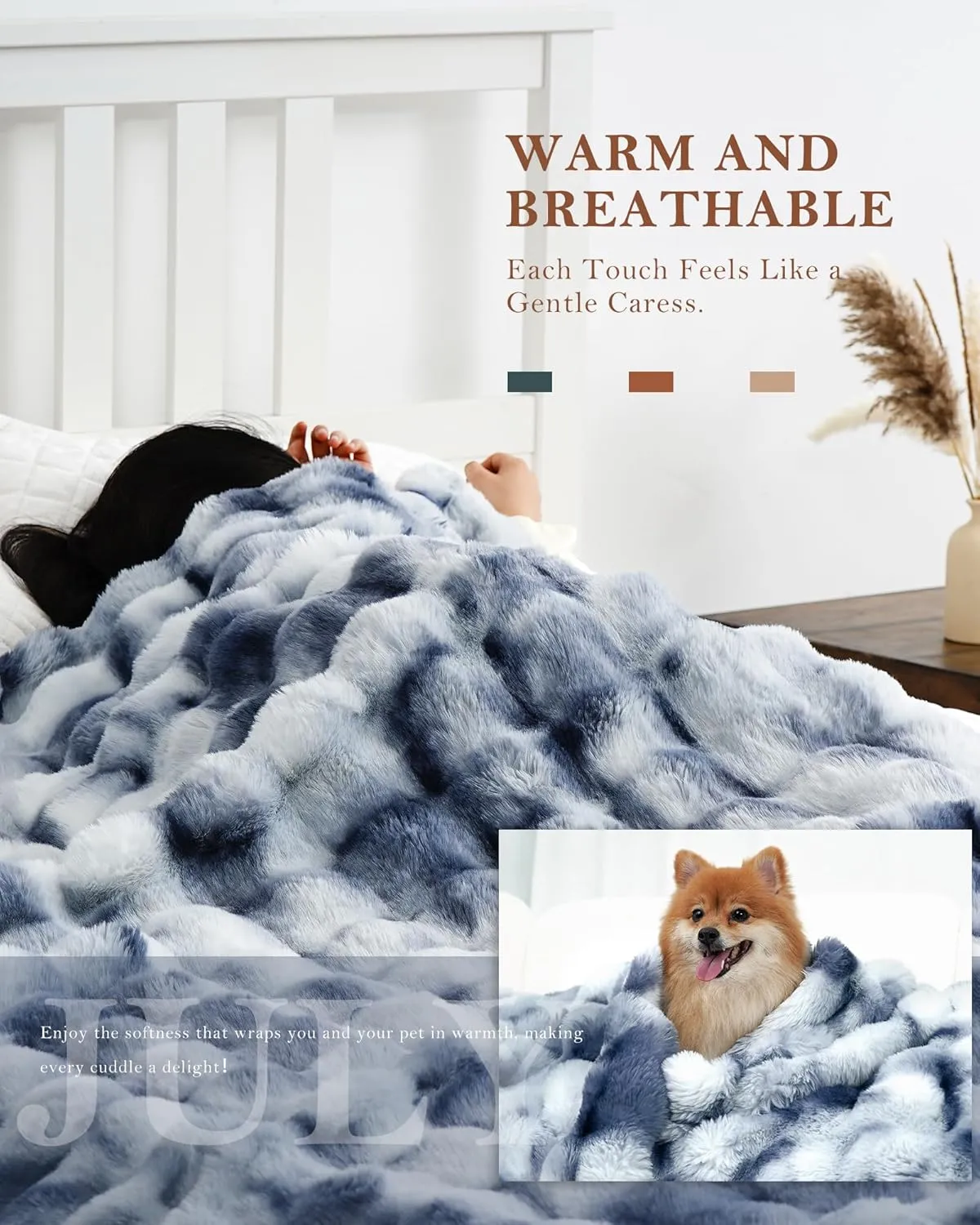 JULY Luxury Soft Faux Fur Throw Blanket for Couch, Cozy Bubble Fleece blanket for Bed, Reversible Plush Warm Fleece Fluffy Blanket for Sofa, Mother's Day Cozy Gifts, 50" x 60", Tie-dye Blue, TD-BE5060