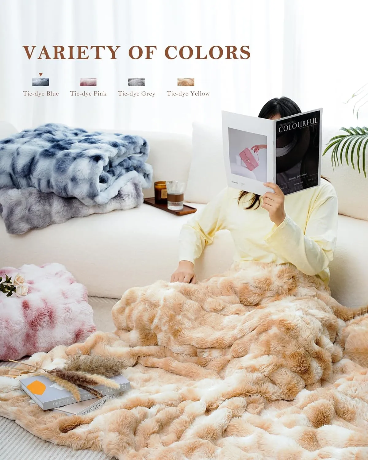 JULY Luxury Soft Faux Fur Throw Blanket for Couch, Cozy Bubble Fleece blanket for Bed, Reversible Plush Warm Fleece Fluffy Blanket for Sofa, Mother's Day Cozy Gifts, 50" x 60", Tie-dye Blue, TD-BE5060