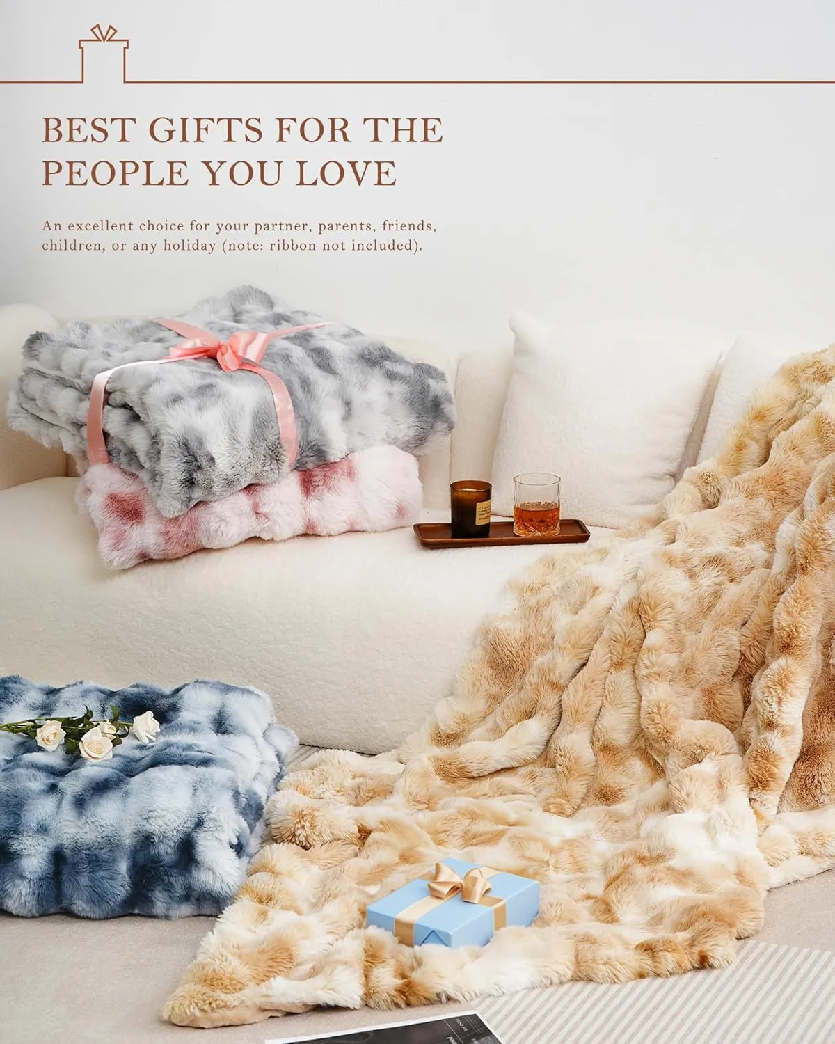 JULY Luxury Soft Faux Fur Throw Blanket for Couch, Cozy Bubble Fleece blanket for Bed, Reversible Plush Warm Fleece Fluffy Blanket for Sofa, Mother's Day Cozy Gifts, 50" x 60", Tie-dye Blue, TD-BE5060