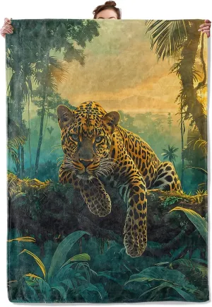Jungle Leopard Adventure Throw Blanket for Couch Outdoor Camping Bedroom Decor, Nature Wildlife and Forest, Super Soft Cozy Warm Fluffy Fleece Blankets Gifts for Kids Adults, 60x50 Inch