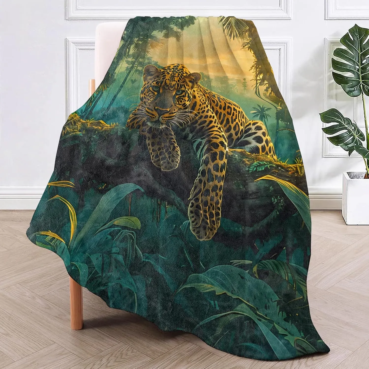Jungle Leopard Adventure Throw Blanket for Couch Outdoor Camping Bedroom Decor, Nature Wildlife and Forest, Super Soft Cozy Warm Fluffy Fleece Blankets Gifts for Kids Adults, 60x50 Inch