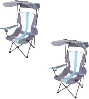 Kelsyus Premium Portable Camping Folding Outdoor Lawn Chair w/50  UPF Canopy, Cup Holder, & Carry Strap, for Sports, Beach, Lake, Blue & Gray (2 Pack)