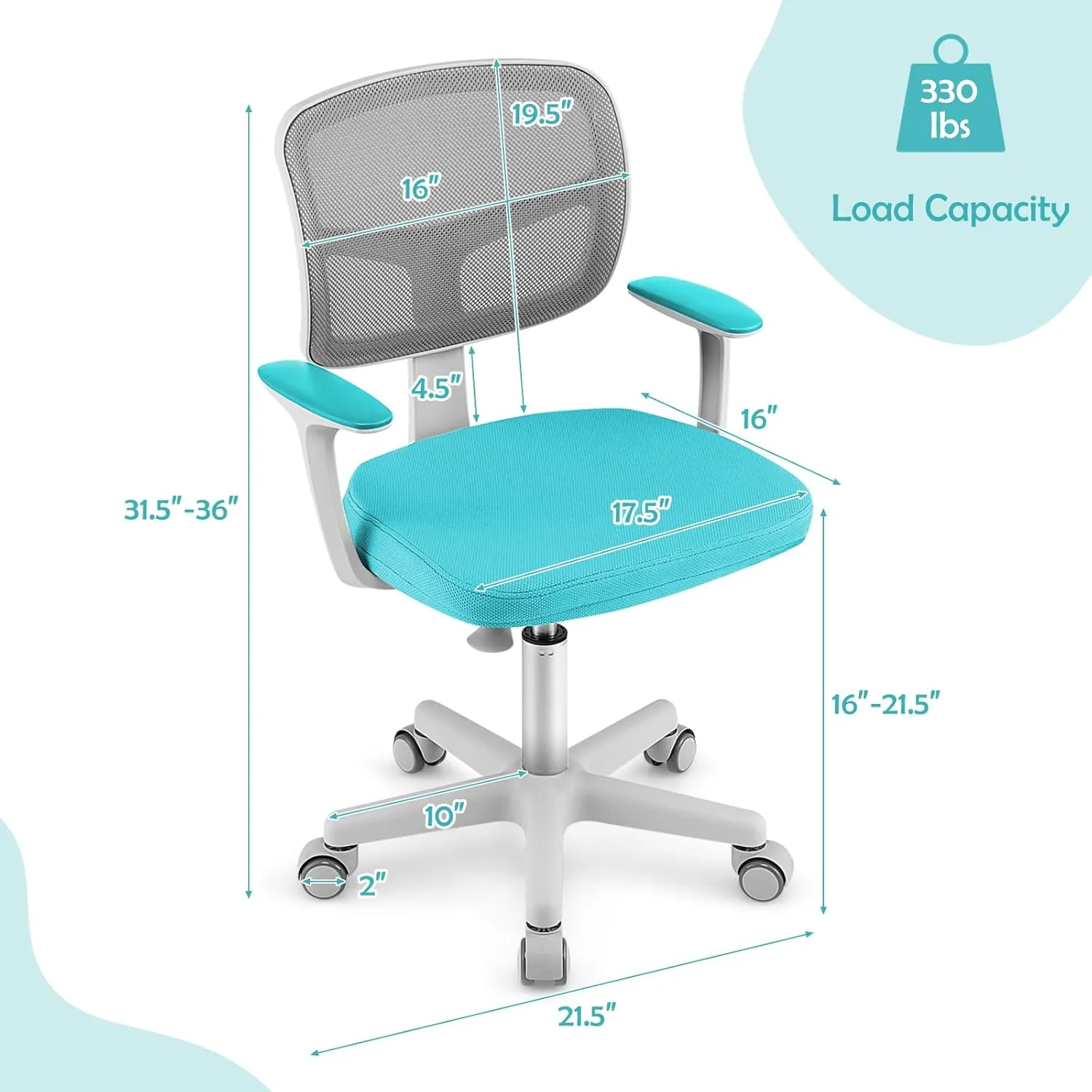 Kids Desk Chair, Ergonomic Kids Swivel Study Chair with Lumbar Support, Breathable Mesh & Universal Wheels, Height Adjustable Kids Computer Chair for Boys & Girls (Cyan)