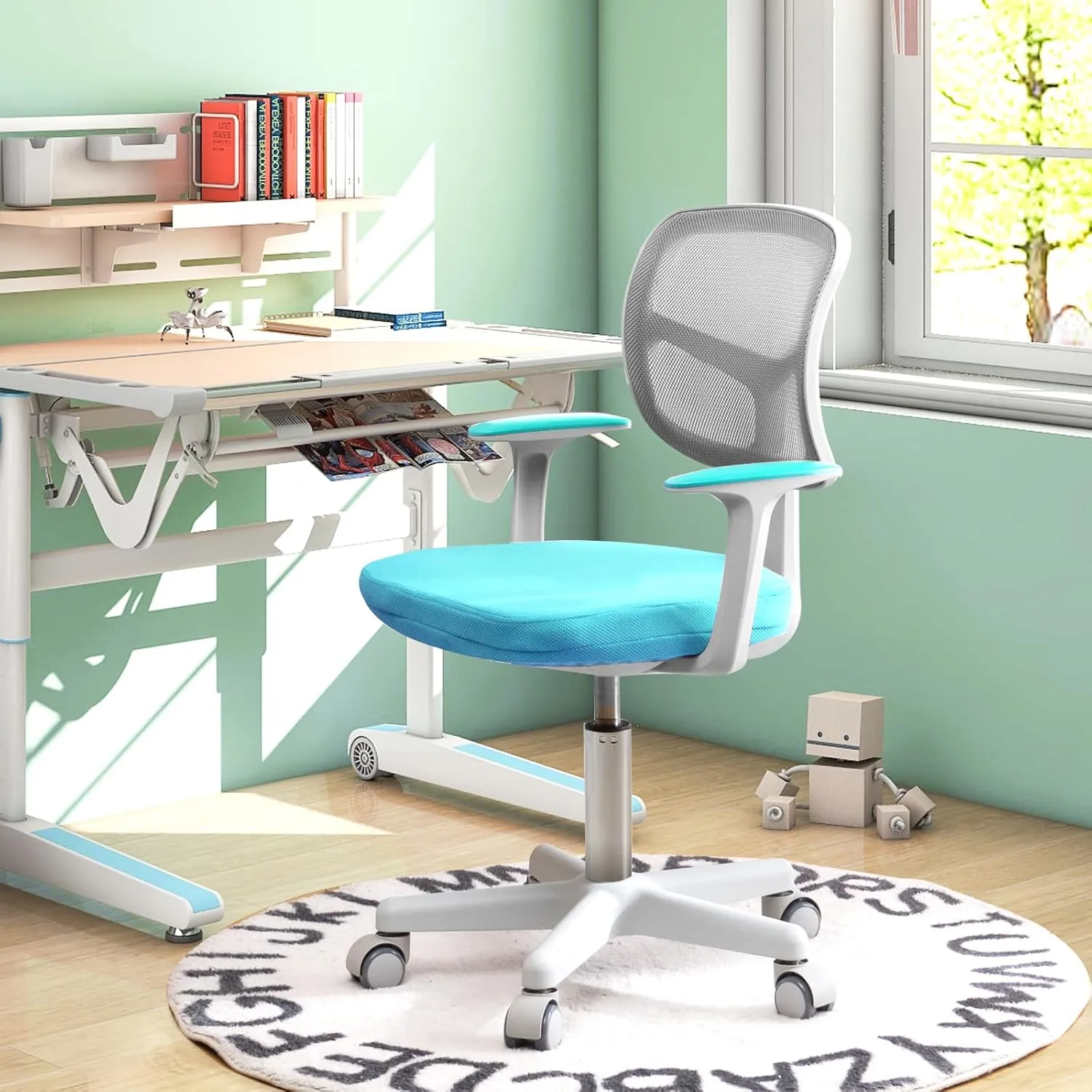 Kids Desk Chair, Ergonomic Kids Swivel Study Chair with Lumbar Support, Breathable Mesh & Universal Wheels, Height Adjustable Kids Computer Chair for Boys & Girls (Cyan)