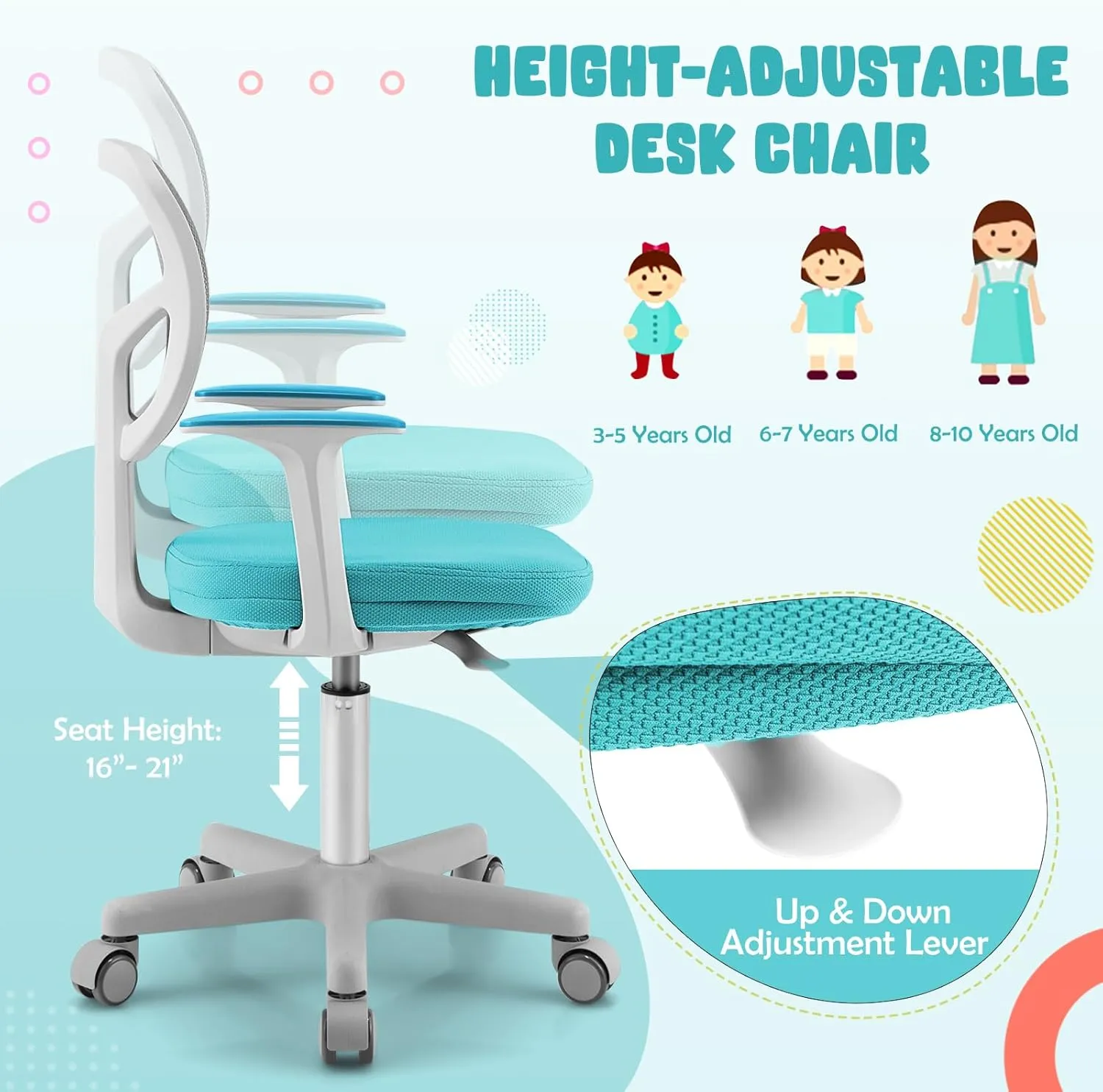 Kids Desk Chair, Ergonomic Kids Swivel Study Chair with Lumbar Support, Breathable Mesh & Universal Wheels, Height Adjustable Kids Computer Chair for Boys & Girls (Cyan)