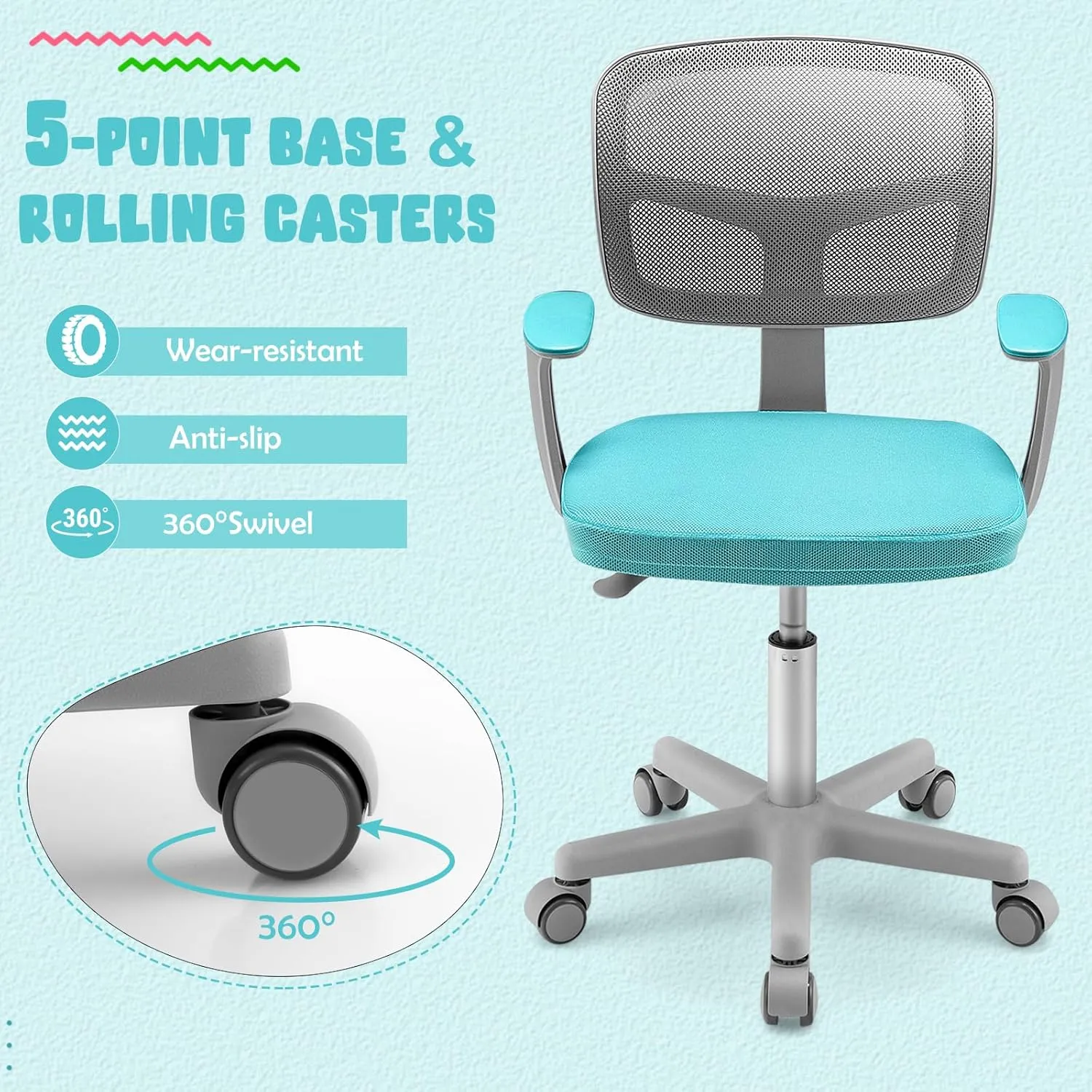 Kids Desk Chair, Ergonomic Kids Swivel Study Chair with Lumbar Support, Breathable Mesh & Universal Wheels, Height Adjustable Kids Computer Chair for Boys & Girls (Cyan)