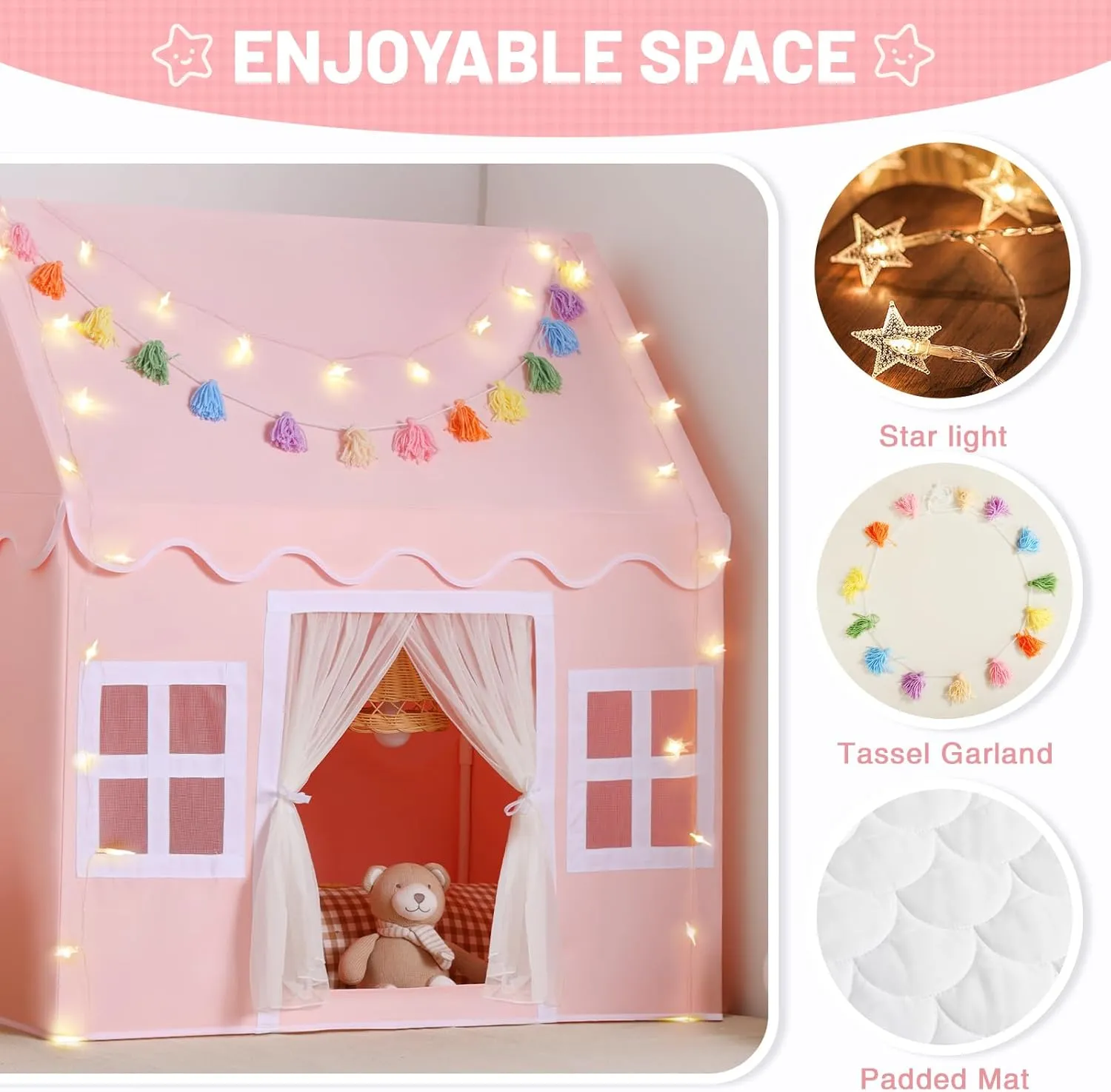 Kids Play Tent Indoor: with Mat, Tassel Garland, Star Lights - Pink Girl Tent Playhouse for Toddlers Kids Toys for Boy Girl Birthday Gift for Kids