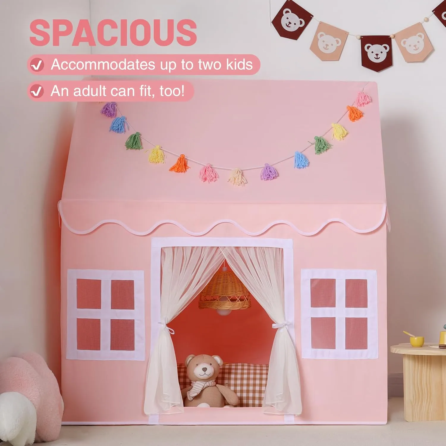 Kids Play Tent Indoor: with Mat, Tassel Garland, Star Lights - Pink Girl Tent Playhouse for Toddlers Kids Toys for Boy Girl Birthday Gift for Kids