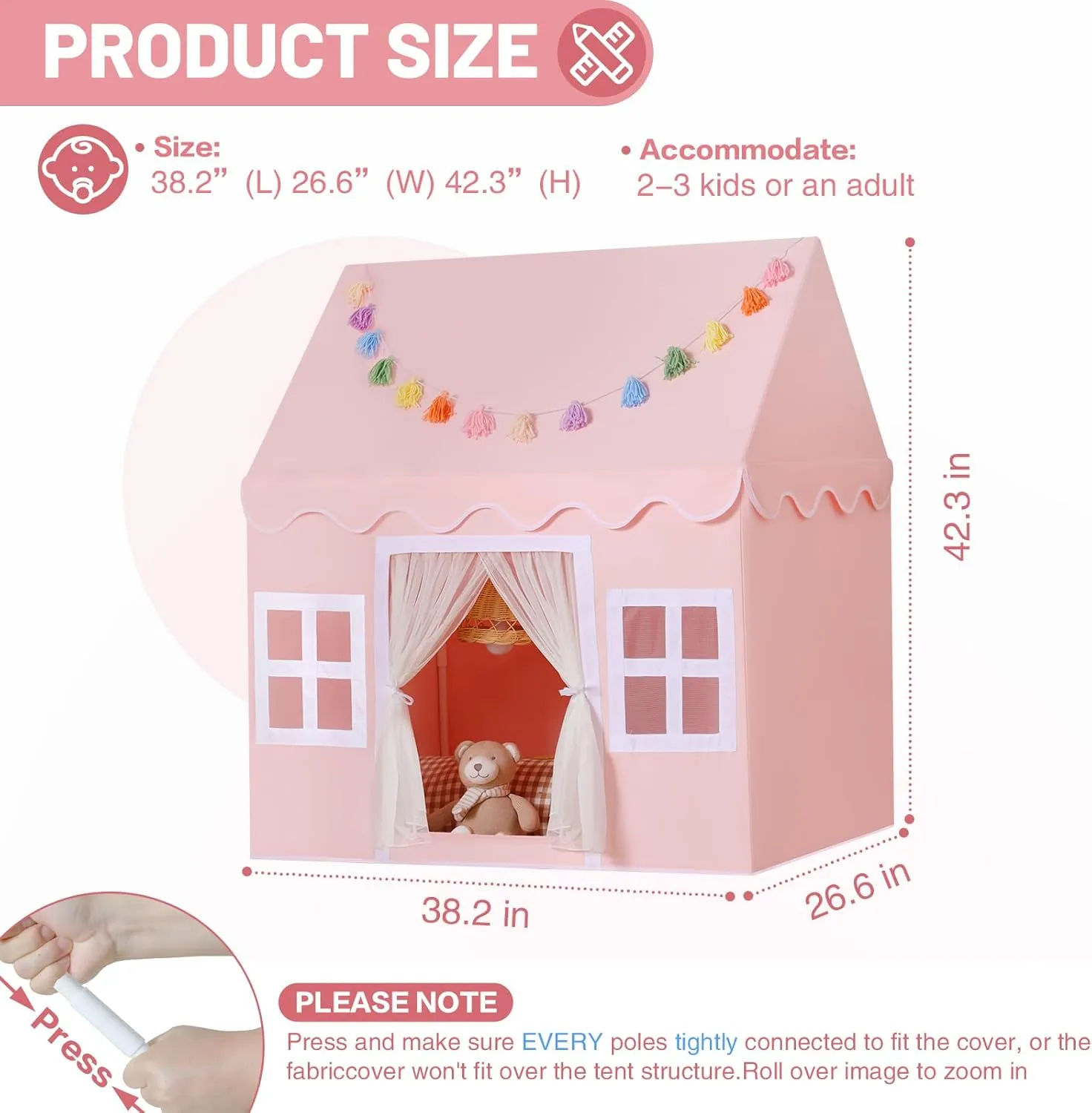 Kids Play Tent Indoor: with Mat, Tassel Garland, Star Lights - Pink Girl Tent Playhouse for Toddlers Kids Toys for Boy Girl Birthday Gift for Kids