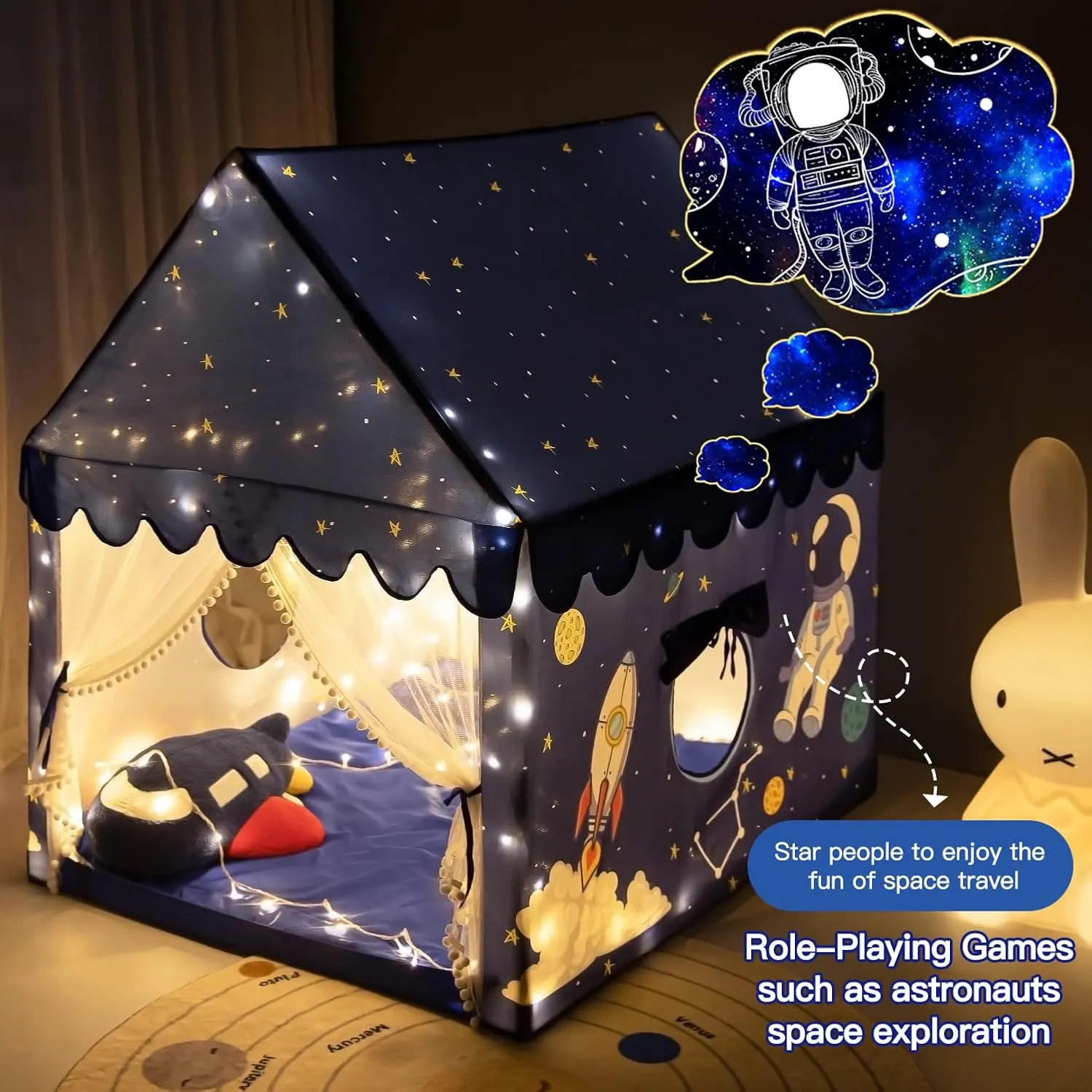 Kids Play Tent Playhouse Indoor Tent for Kids Boys Toddler, Large Castle Play House Bed Tents Spaceship Outer Space Rocket Blue