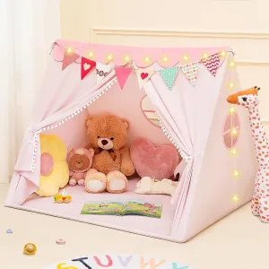 Kids Tent Indoor with Star Lights and Flags - Play Tent for Kids Ages 4-8, Toddler Playhouse for Girls Boys, Brown