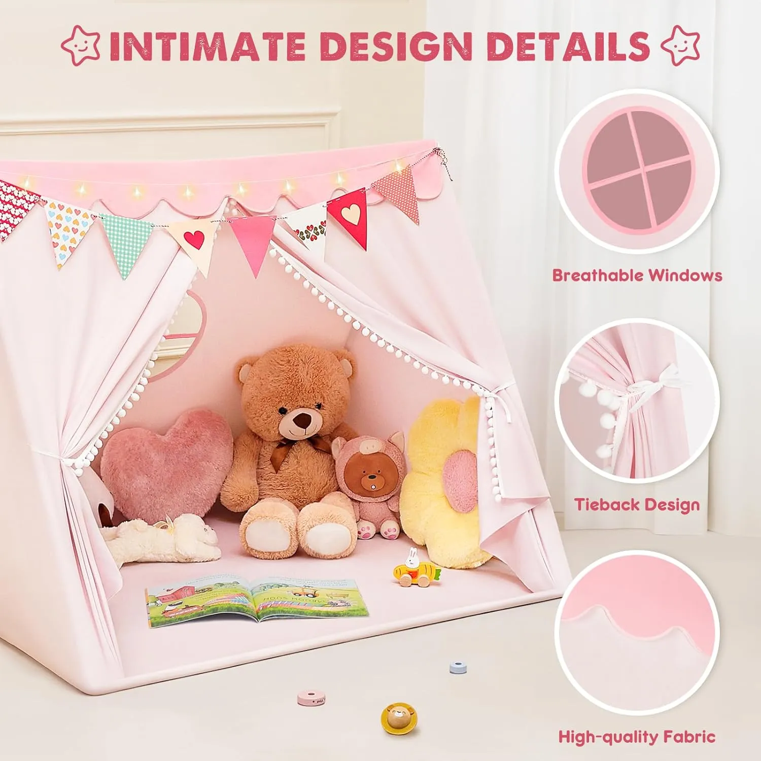 Kids Tent Indoor with Star Lights and Flags - Play Tent for Kids Ages 4-8, Toddler Playhouse for Girls Boys, Brown