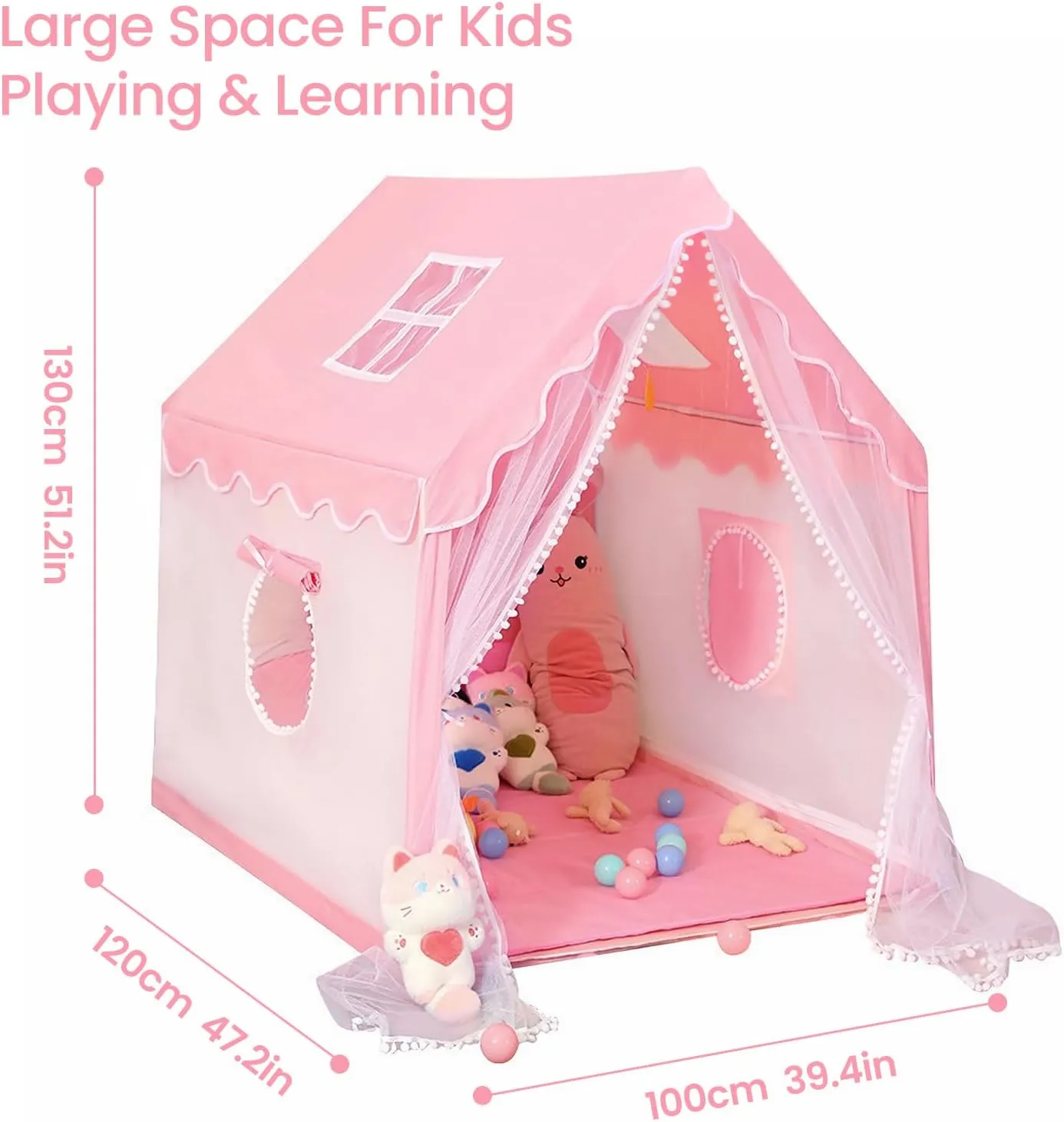 Kids Tent Play Tents for Toddler Children Indoor and Outdoor Large Pink Girls Princess Playhouse Castle with Windows Kids Room Furniture 47" L × 40" W × 52" H