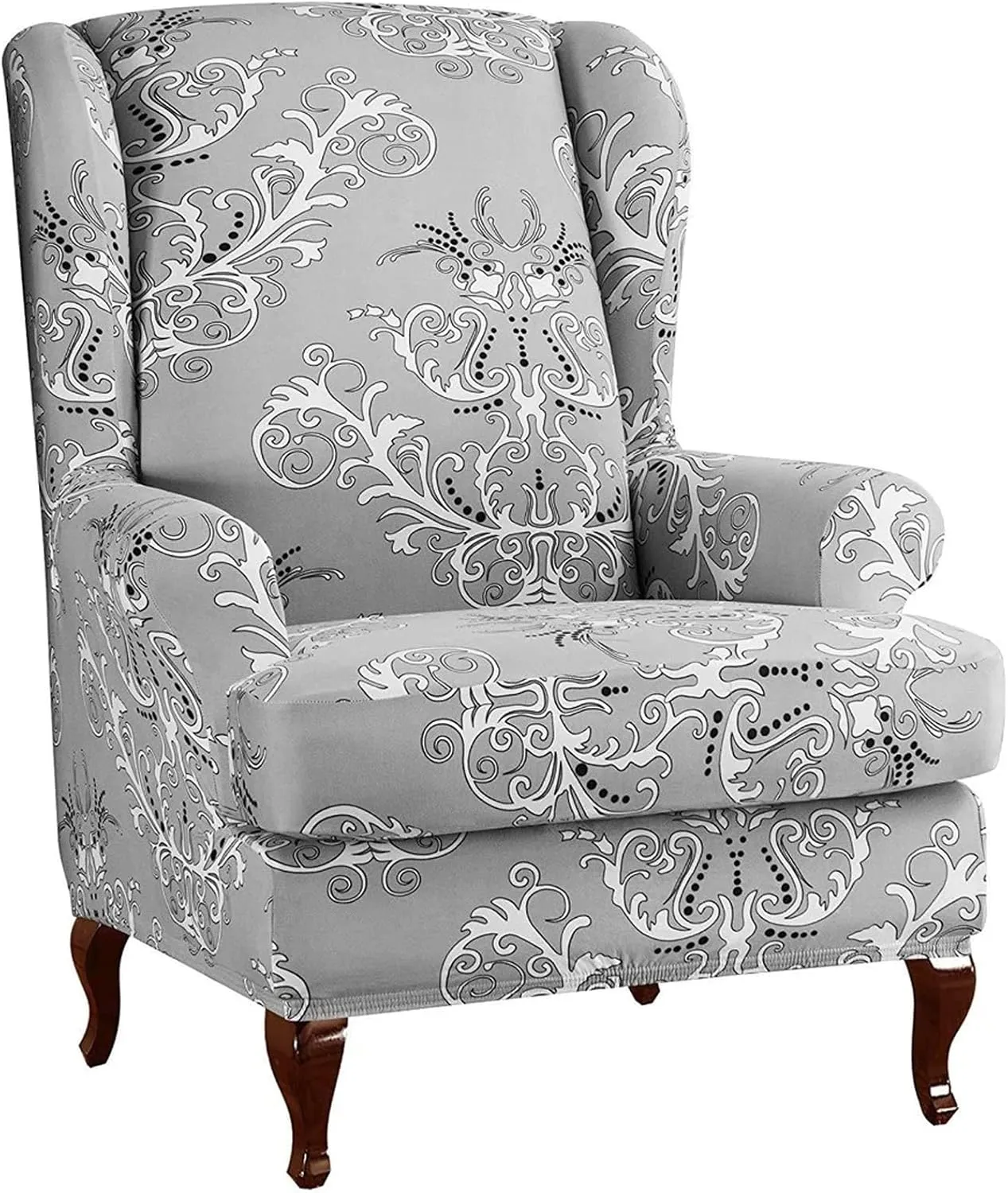 Konsilsa 2 Piece Wing Chair Slipcover, Spandex Wingback Chair Cover Machine Removable Armchair Slipcovers with Separate Cushion Cover for Bedroom Office Reception (Color : Gray)