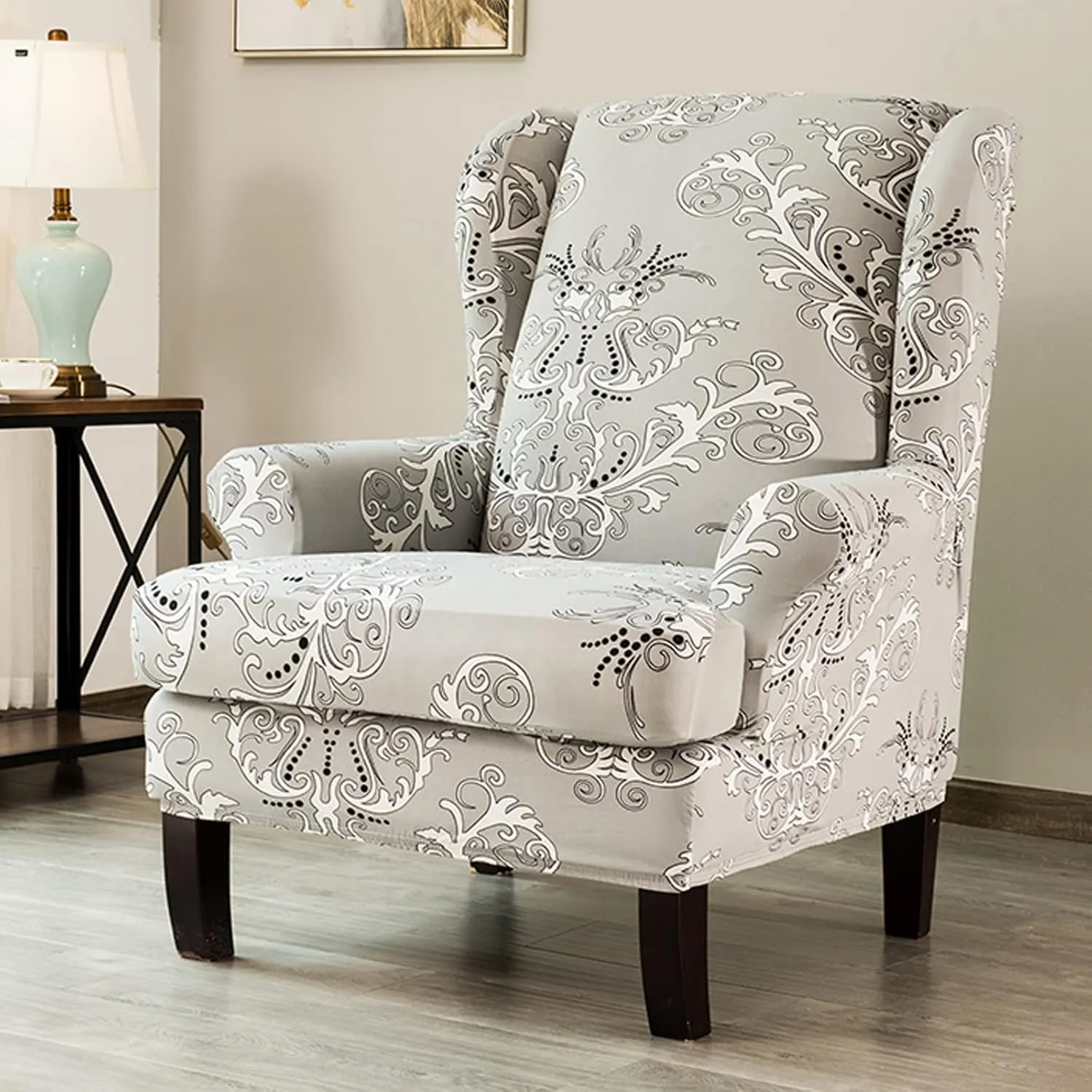 Konsilsa 2 Piece Wing Chair Slipcover, Spandex Wingback Chair Cover Machine Removable Armchair Slipcovers with Separate Cushion Cover for Bedroom Office Reception (Color : Gray)