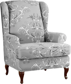 Konsilsa 2 Piece Wing Chair Slipcover, Spandex Wingback Chair Cover Machine Removable Armchair Slipcovers with Separate Cushion Cover for Bedroom Office Reception (Color : Gray)