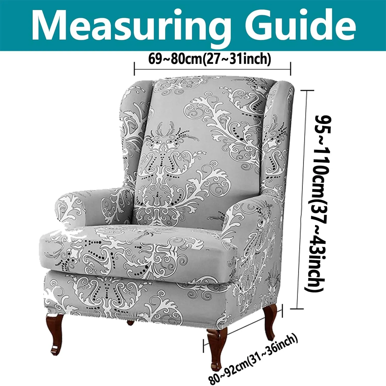 Konsilsa 2 Piece Wing Chair Slipcover, Spandex Wingback Chair Cover Machine Removable Armchair Slipcovers with Separate Cushion Cover for Bedroom Office Reception (Color : Gray)