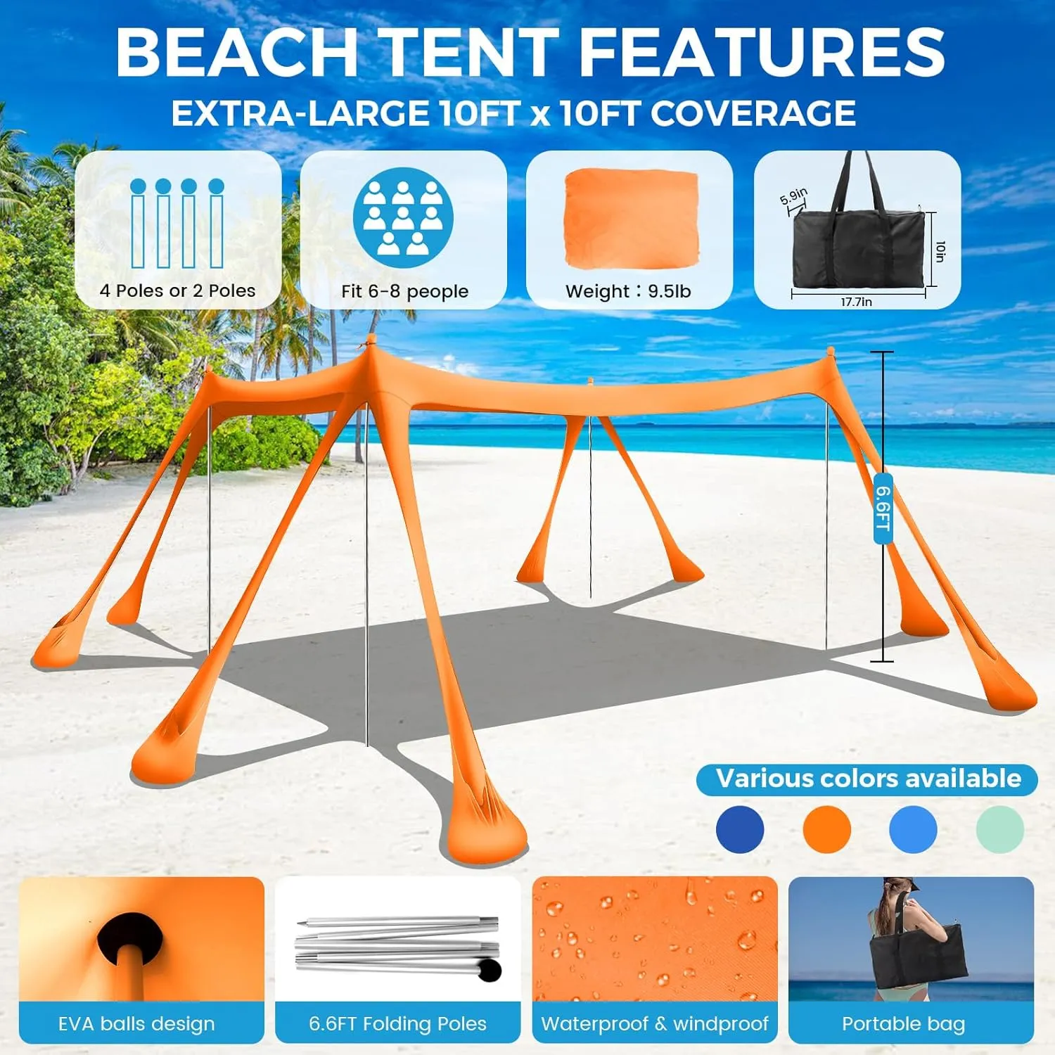 Large Beach Tent Canopy Pop Up Shade 10x10ft Sun Shelter Portable with UPF50  UV Protection 8 Sandbags 4 Aluminum Poles 2 Sand Shovel Ground Pegs Carrying Bag for Outdoor Camping Fishing Yard Picnics