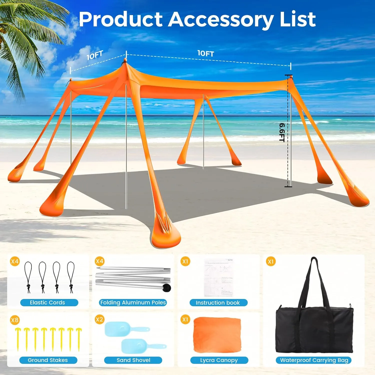 Large Beach Tent Canopy Pop Up Shade 10x10ft Sun Shelter Portable with UPF50  UV Protection 8 Sandbags 4 Aluminum Poles 2 Sand Shovel Ground Pegs Carrying Bag for Outdoor Camping Fishing Yard Picnics