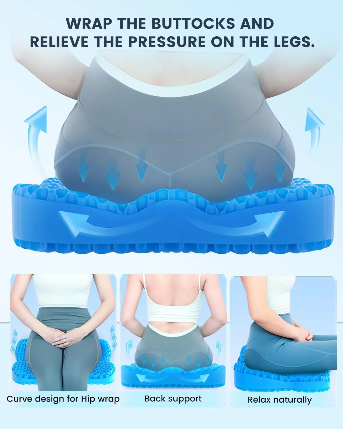 Large Gel Seat Cushion - Perfect for Office Chair and Wheelchair - Strong Non-Glide Chair Pads - Desk Chair Car Seat Cushion Driving - Tailbone, Coccyx Sciatica Pain Relief - Washable Cover