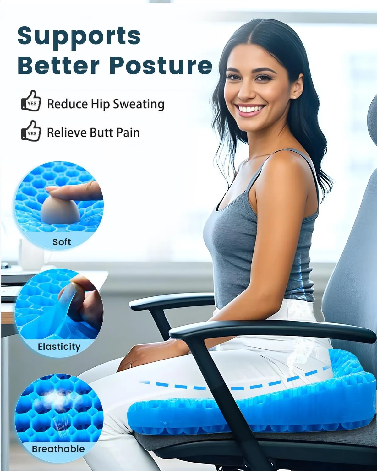 Large Gel Seat Cushion - Perfect for Office Chair and Wheelchair - Strong Non-Glide Chair Pads - Desk Chair Car Seat Cushion Driving - Tailbone, Coccyx Sciatica Pain Relief - Washable Cover