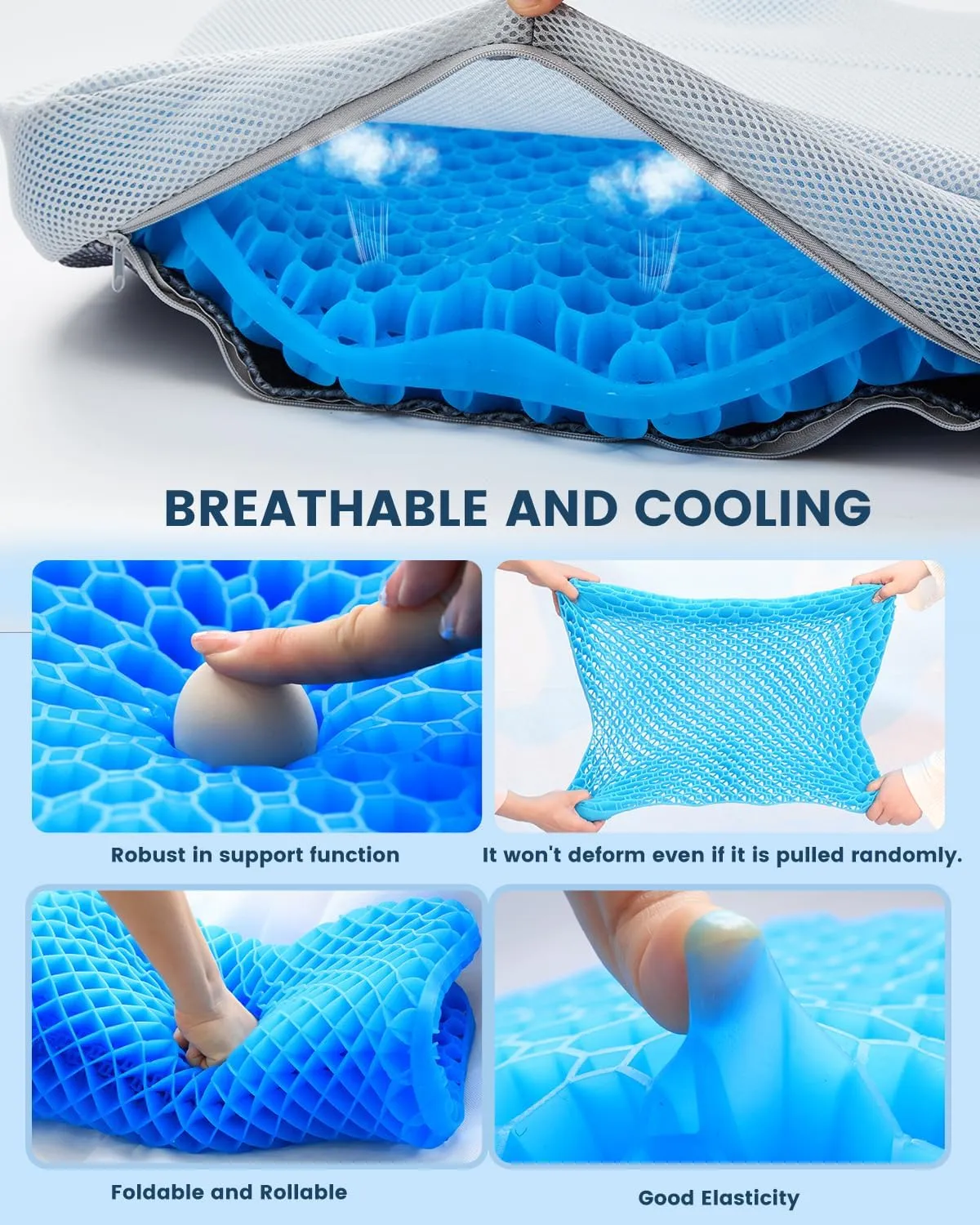 Large Gel Seat Cushion - Perfect for Office Chair and Wheelchair - Strong Non-Glide Chair Pads - Desk Chair Car Seat Cushion Driving - Tailbone, Coccyx Sciatica Pain Relief - Washable Cover
