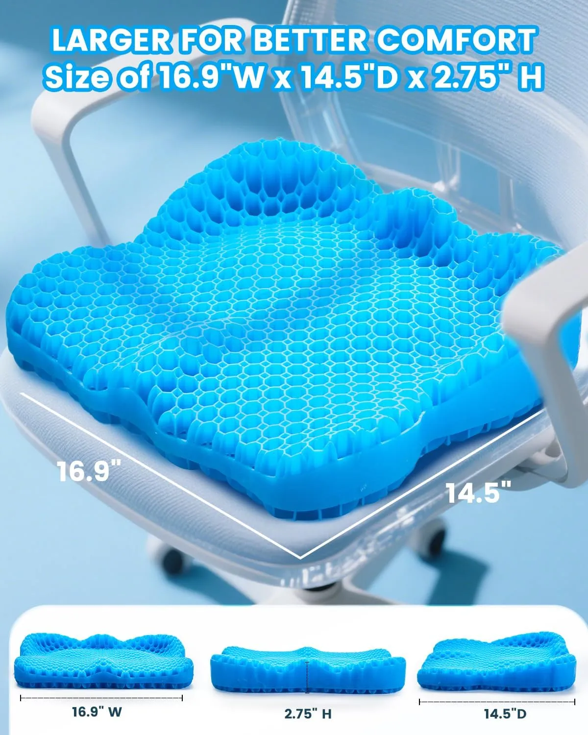 Large Gel Seat Cushion - Perfect for Office Chair and Wheelchair - Strong Non-Glide Chair Pads - Desk Chair Car Seat Cushion Driving - Tailbone, Coccyx Sciatica Pain Relief - Washable Cover