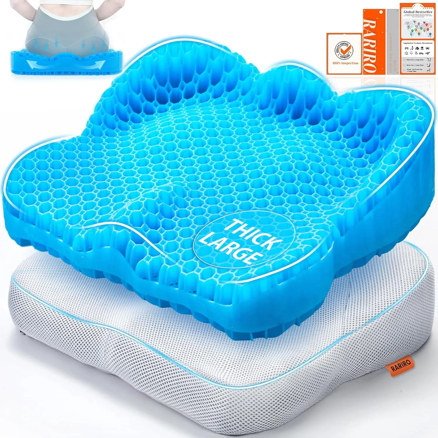 Large Gel Seat Cushion - Perfect for Office Chair and Wheelchair - Strong Non-Glide Chair Pads - Desk Chair Car Seat Cushion Driving - Tailbone, Coccyx Sciatica Pain Relief - Washable Cover