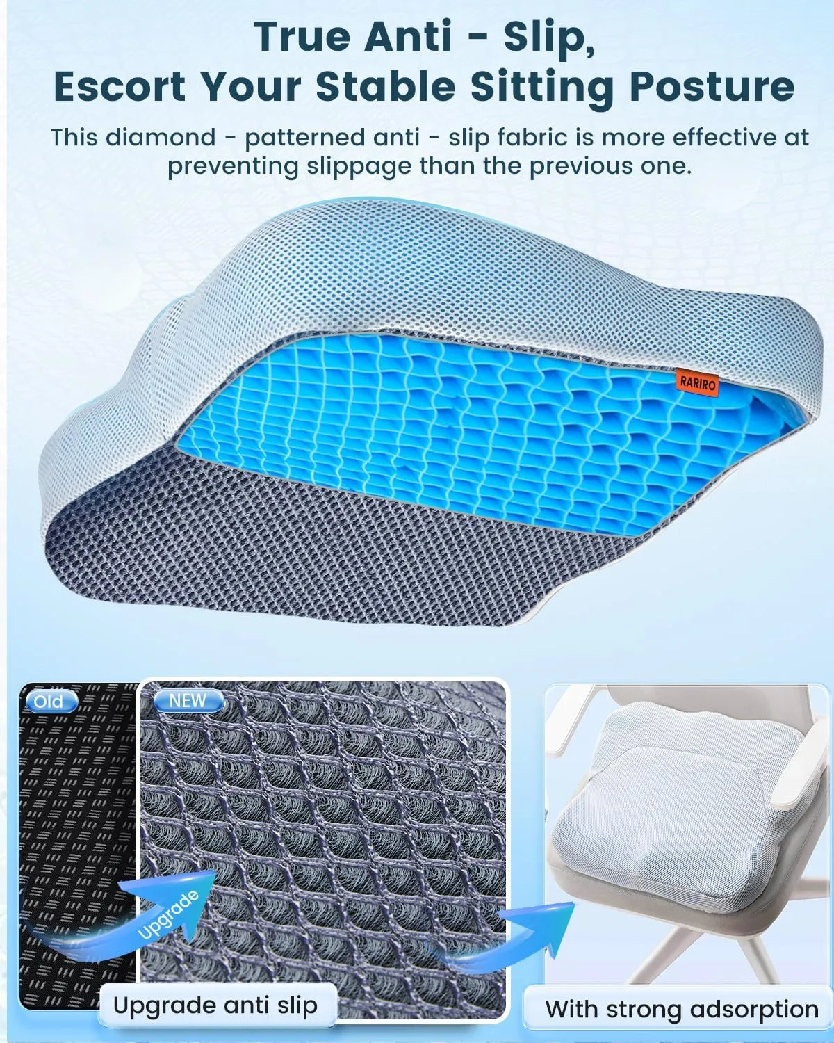 Large Gel Seat Cushion - Perfect for Office Chair and Wheelchair - Strong Non-Glide Chair Pads - Desk Chair Car Seat Cushion Driving - Tailbone, Coccyx Sciatica Pain Relief - Washable Cover