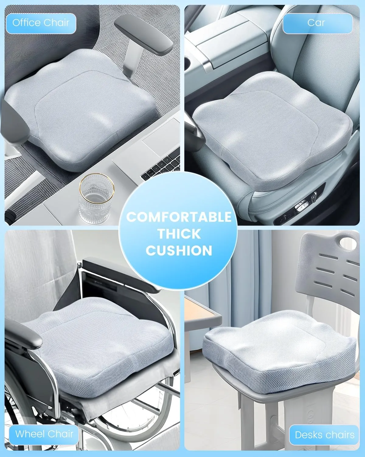 Large Gel Seat Cushion - Perfect for Office Chair and Wheelchair - Strong Non-Glide Chair Pads - Desk Chair Car Seat Cushion Driving - Tailbone, Coccyx Sciatica Pain Relief - Washable Cover