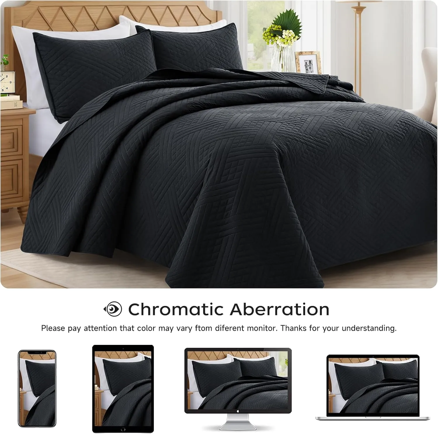 Lavsiry Black Quilt Queen Size with Striped Pattern, Lightweight Soft Summer Thin Microfiber Bedspread & Coverlet Bedding Set for All Seasons - 3 Piece(1 Quilt, 2 Pillow Shams)