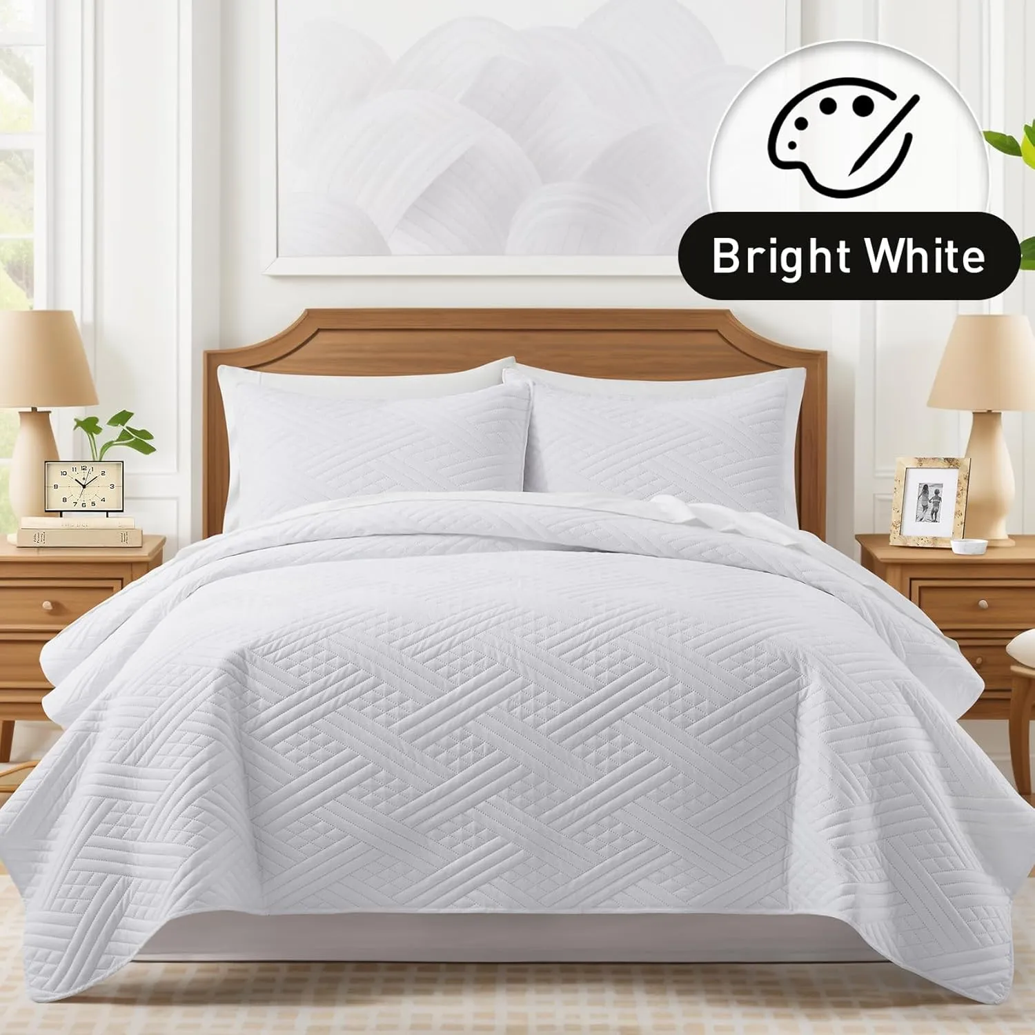 Lavsiry White Quilt Queen Size with Striped Pattern, Lightweight Soft Summer Thin Microfiber Bedspread & Coverlet Bedding Set for All Seasons - 3 Piece(1 Quilt, 2 Pillow Shams)