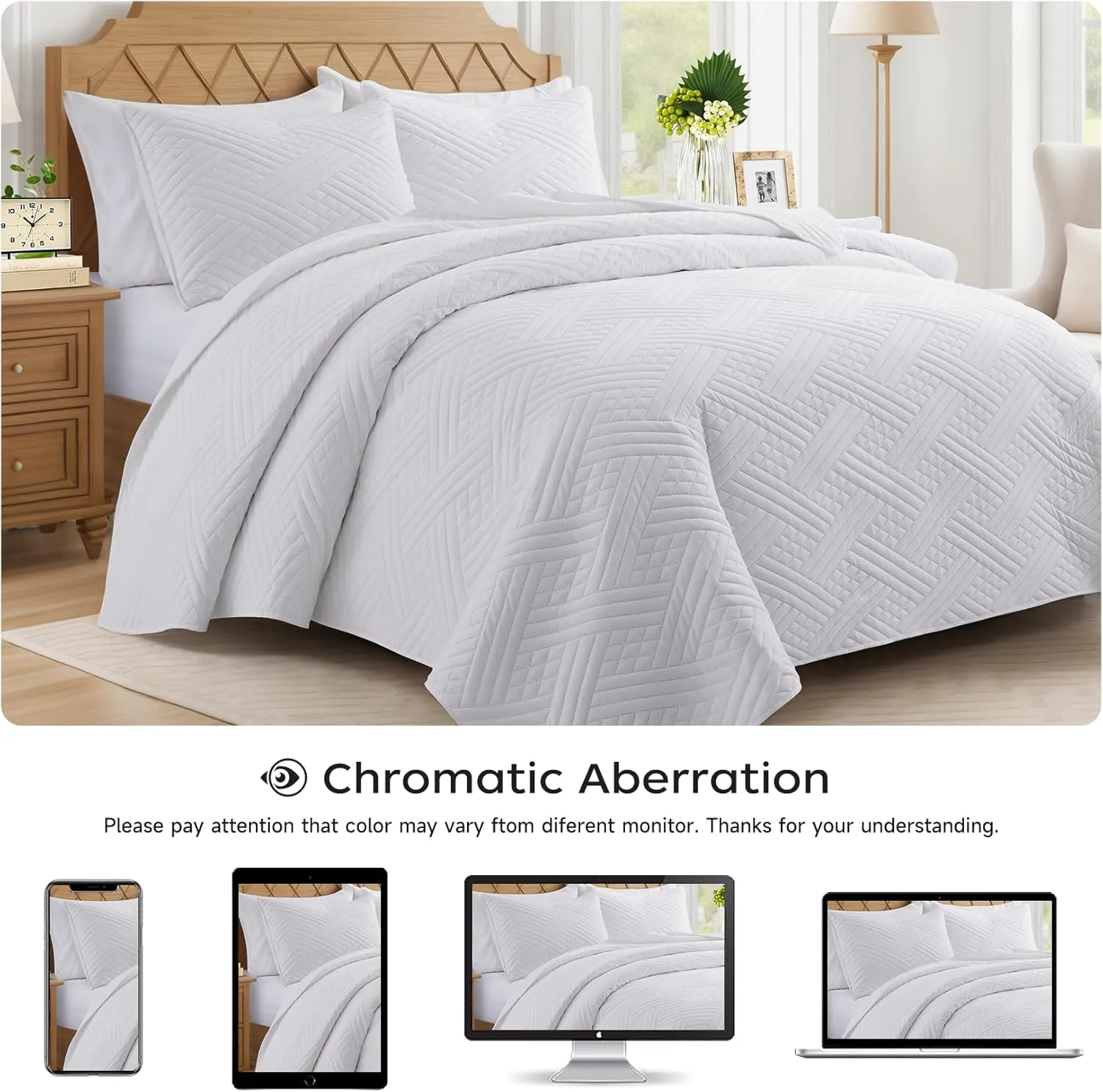 Lavsiry White Quilt Queen Size with Striped Pattern, Lightweight Soft Summer Thin Microfiber Bedspread & Coverlet Bedding Set for All Seasons - 3 Piece(1 Quilt, 2 Pillow Shams)