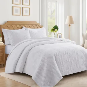 Lavsiry White Quilt Queen Size with Striped Pattern, Lightweight Soft Summer Thin Microfiber Bedspread & Coverlet Bedding Set for All Seasons - 3 Piece(1 Quilt, 2 Pillow Shams)