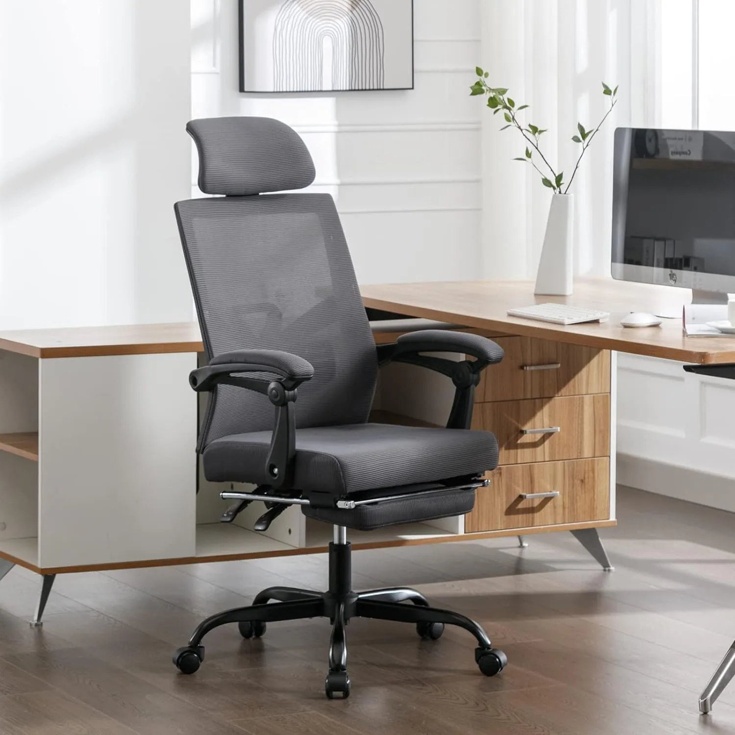 Lepdep Mesh Ergonomic Office Chair with Footrest Home Office Desk Chair with Headrest and Backrest 90-135 Adjustable Computer Desk Chair with Wheels 360 Swivel Task Chair (Cream White)