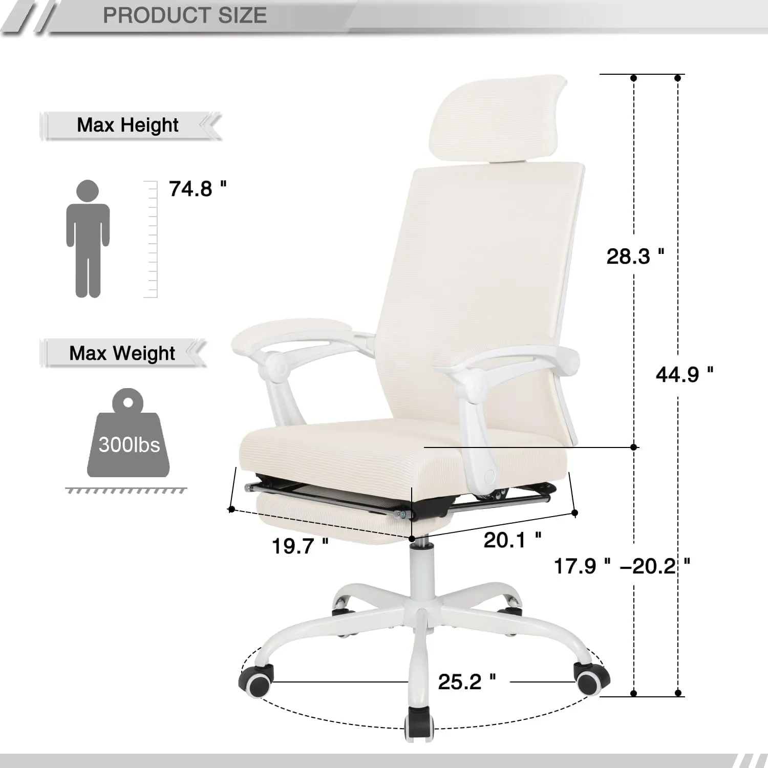 Lepdep Mesh Ergonomic Office Chair with Footrest Home Office Desk Chair with Headrest and Backrest 90-135 Adjustable Computer Desk Chair with Wheels 360 Swivel Task Chair (Cream White)