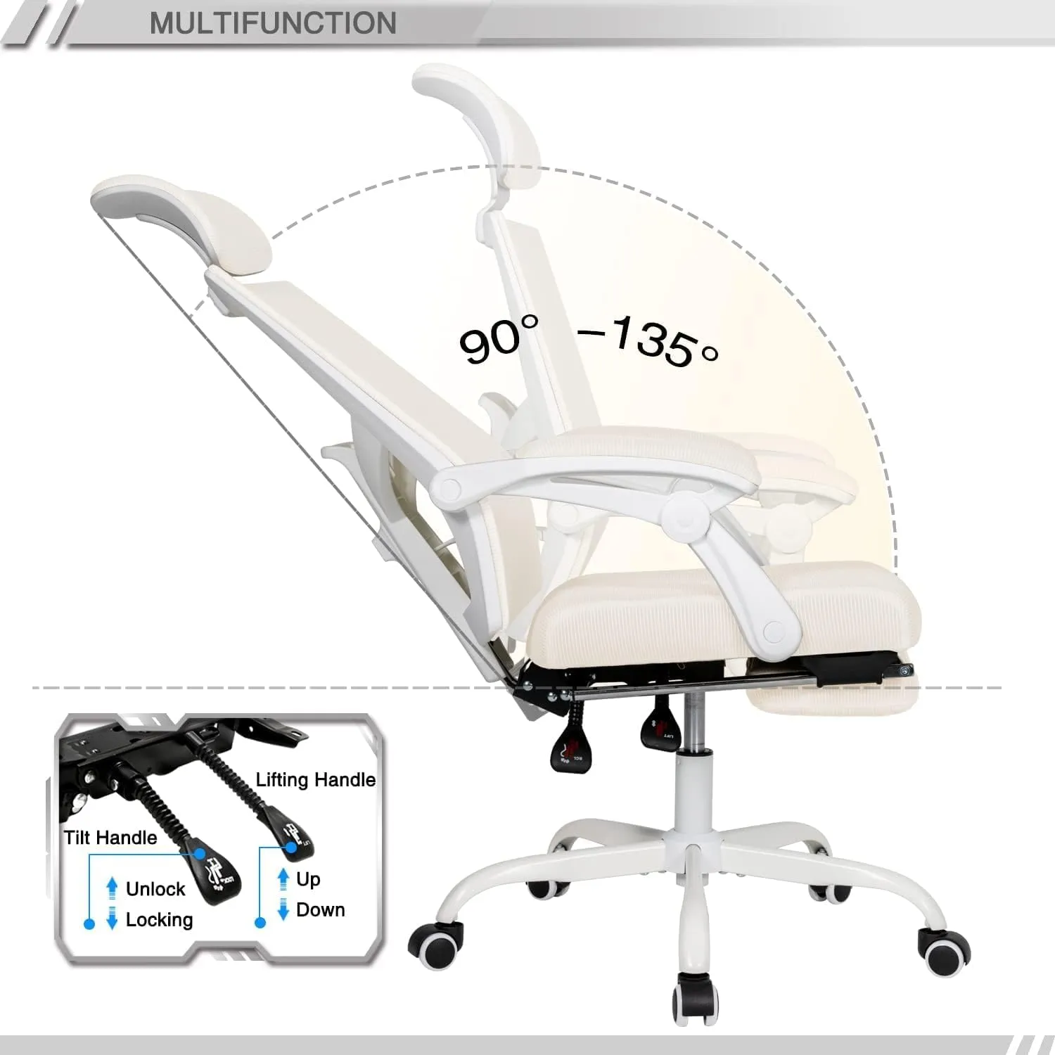 Lepdep Mesh Ergonomic Office Chair with Footrest Home Office Desk Chair with Headrest and Backrest 90-135 Adjustable Computer Desk Chair with Wheels 360 Swivel Task Chair (Cream White)