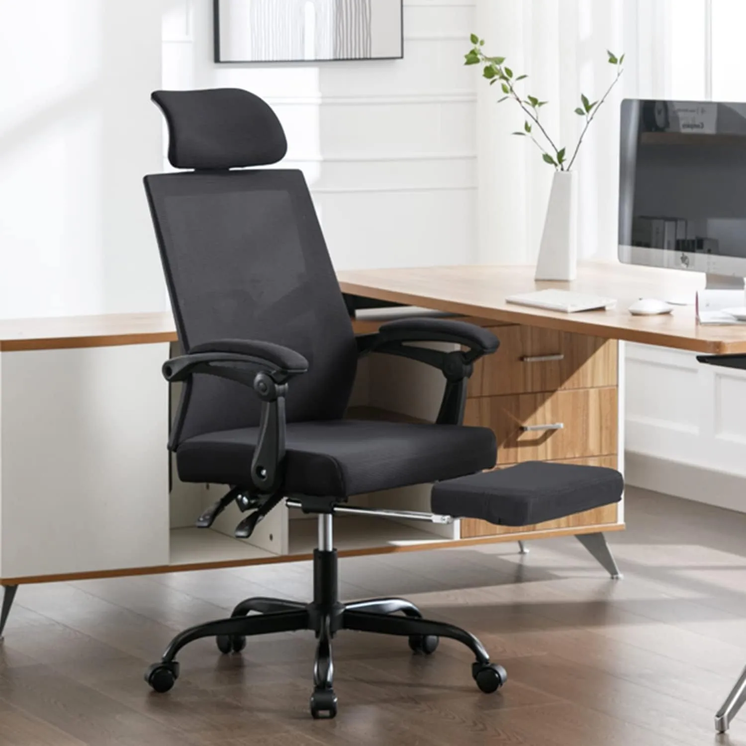 Lepdep Mesh Ergonomic Office Chair with Footrest Home Office Desk Chair with Headrest and Backrest 90-135 Adjustable Computer Desk Chair with Wheels 360 Swivel Task Chair (Cream White)