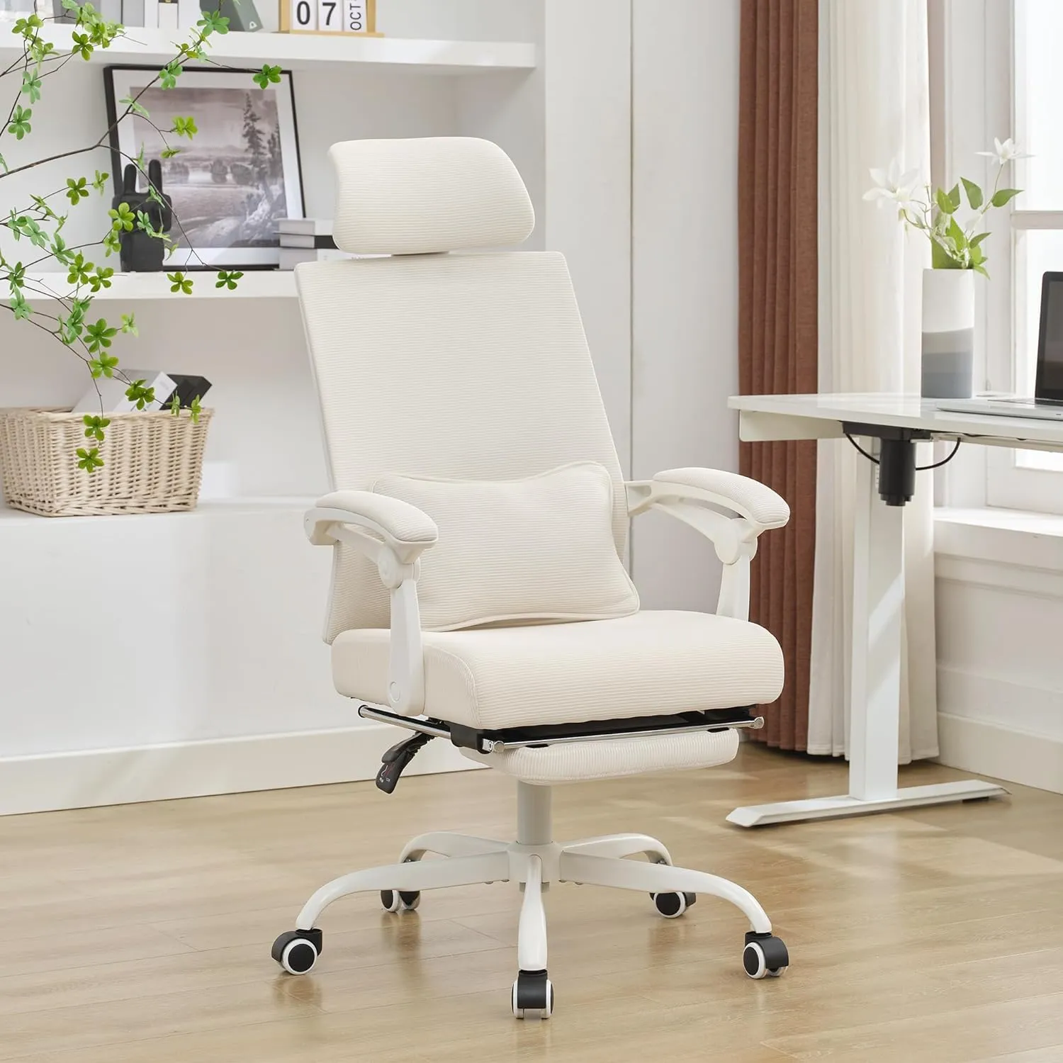 Lepdep Mesh Ergonomic Office Chair with Footrest Home Office Desk Chair with Headrest and Backrest 90-135 Adjustable Computer Desk Chair with Wheels 360 Swivel Task Chair (Cream White)