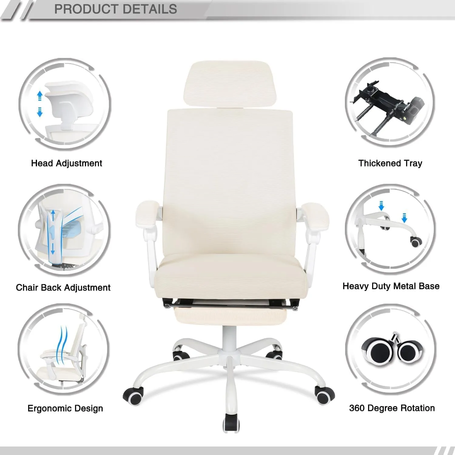 Lepdep Mesh Ergonomic Office Chair with Footrest Home Office Desk Chair with Headrest and Backrest 90-135 Adjustable Computer Desk Chair with Wheels 360 Swivel Task Chair (Cream White)